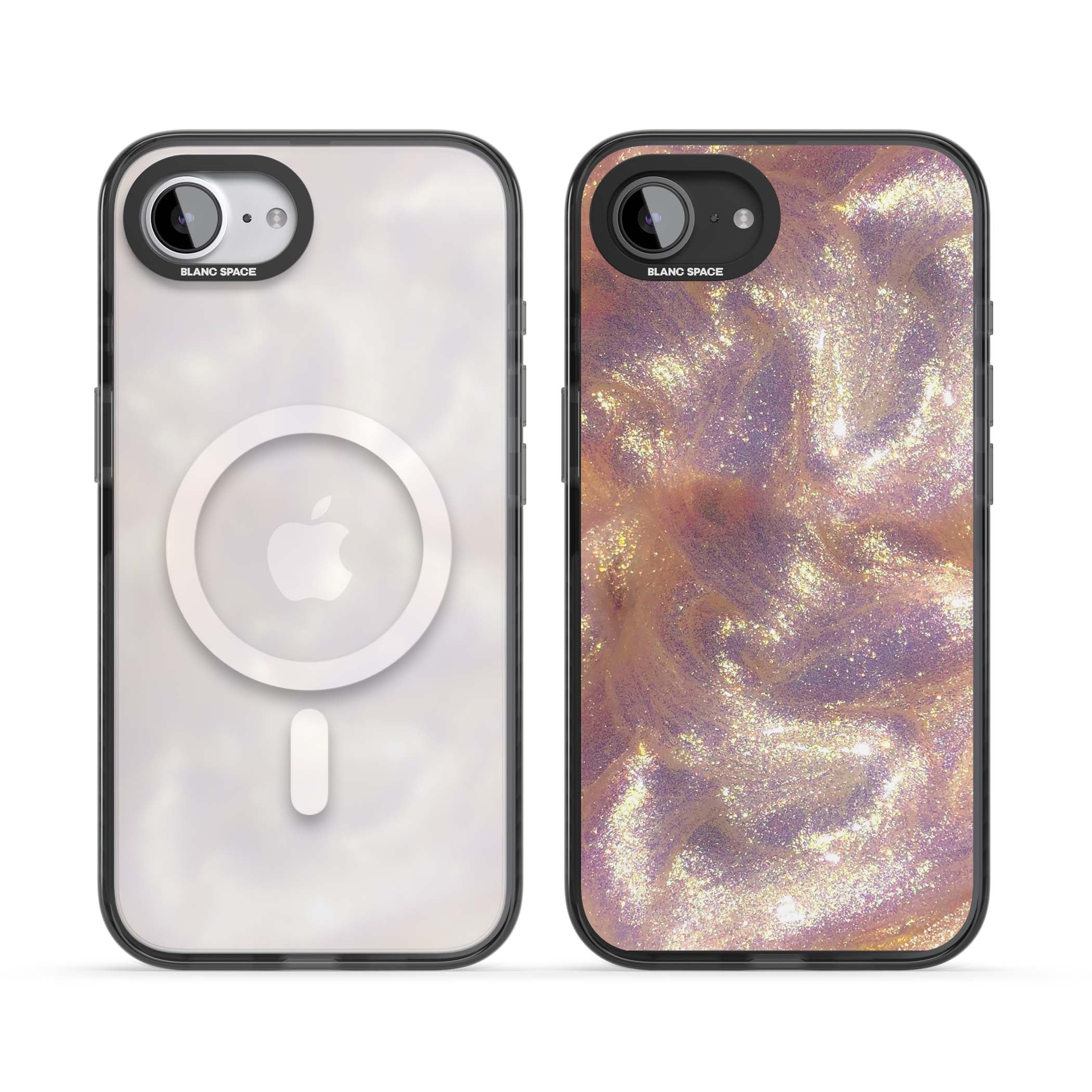 Shimmer marble iPhone case featuring rose gold glitter swirls, lilac shimmer and iridescent pearl finish | Black Impact Magsafe case for iPhone 16e, iPhone 17e