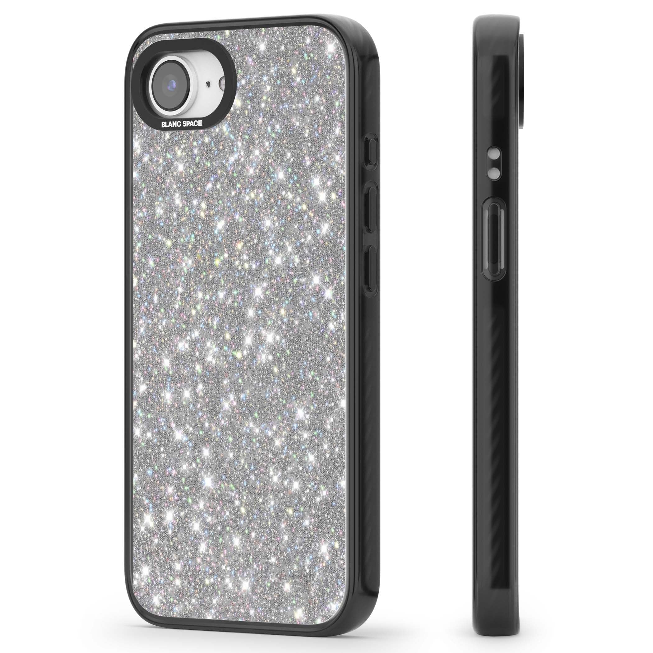 Diamond glam iPhone case featuring silver glitter sparkle and shimmering diamond dust effect | Black Impact Magsafe case for iPhone 16e, iPhone 17e