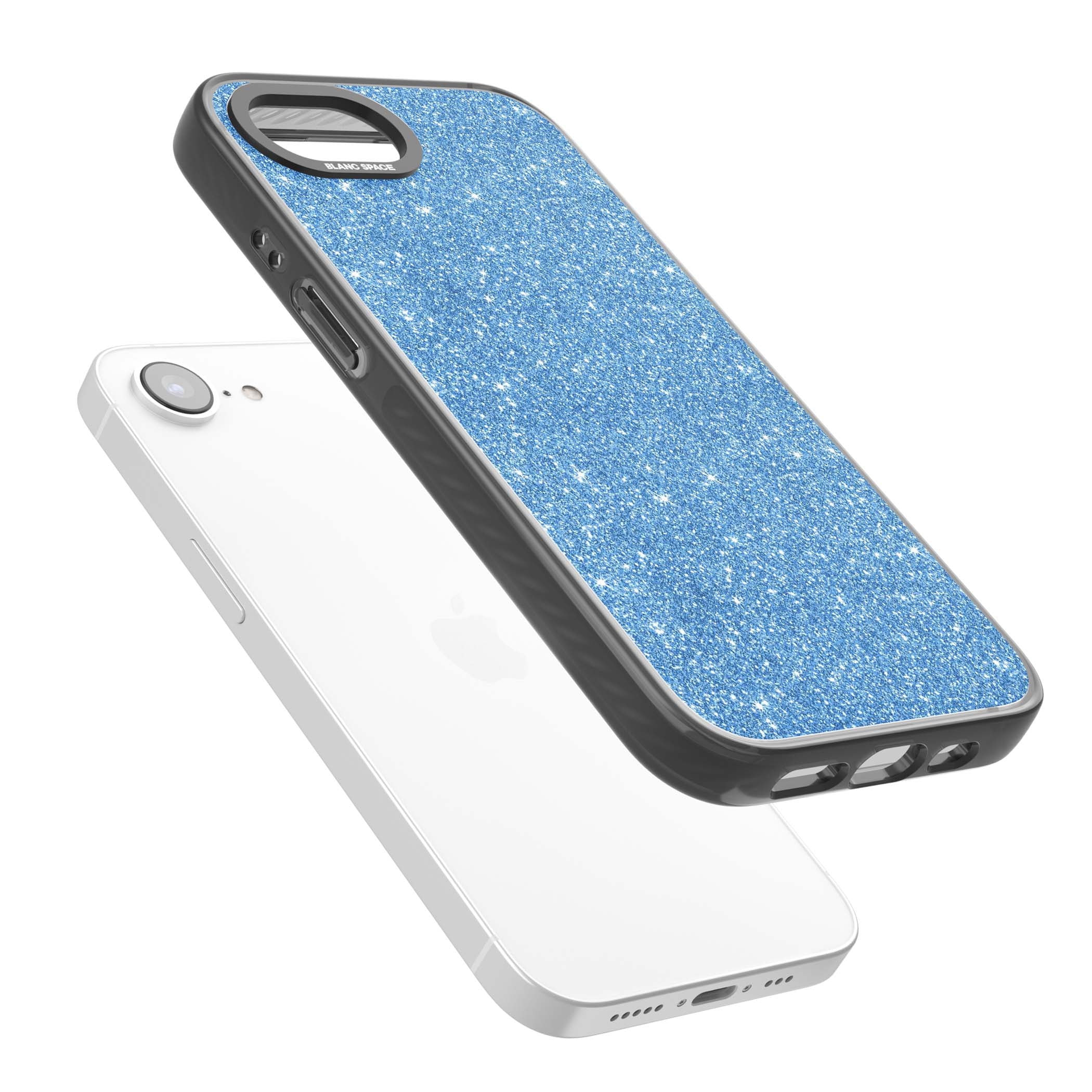 Blue Glitter blue glitter iPhone case featuring dense sparkling cerulean glitter with a glamorous shimmering finish | Black Impact Magsafe case for iPhone 16e, iPhone 17e