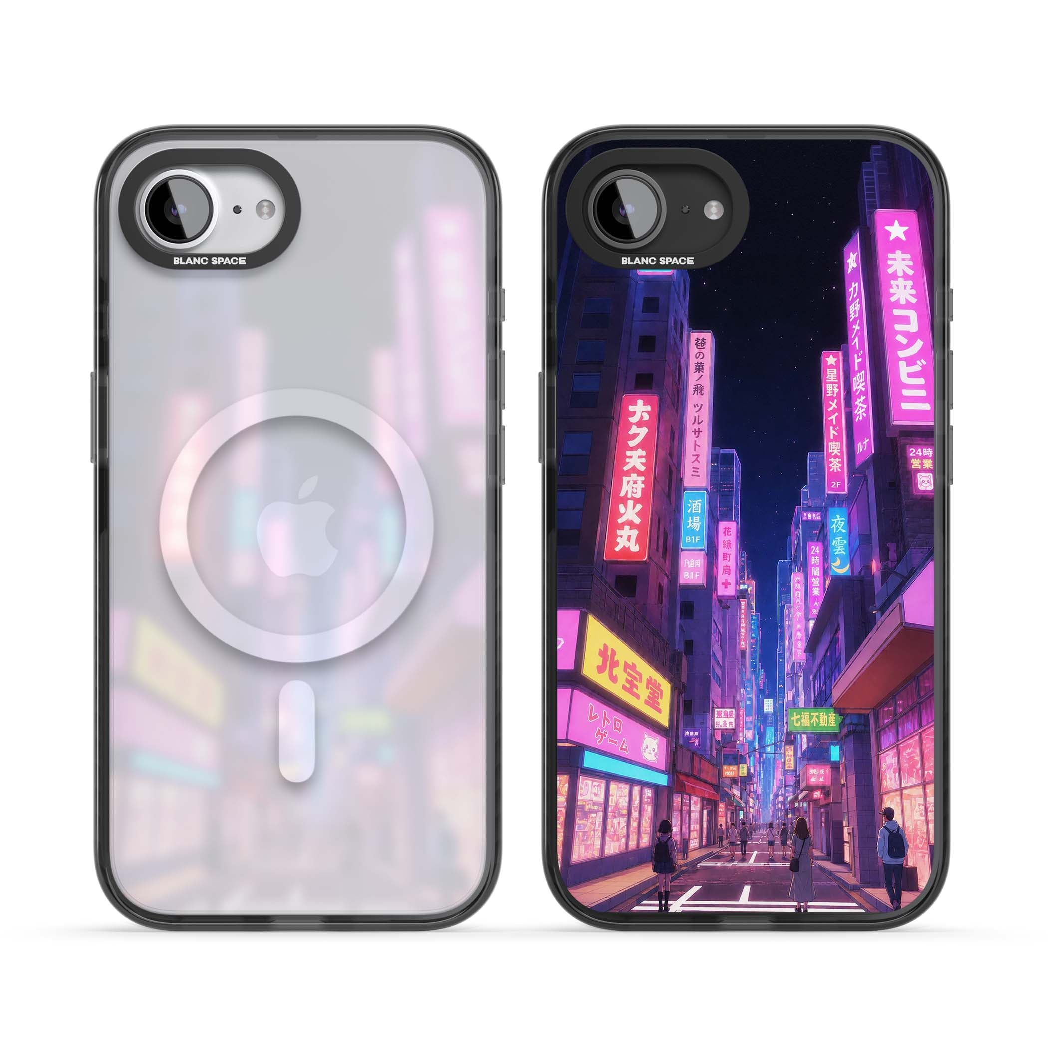 Shibuya At Night Japanese neon city iPhone case featuring glowing kanji signs, pink storefronts and a Tokyo street at n | Black Impact Magsafe case for iPhone 16e, iPhone 17e