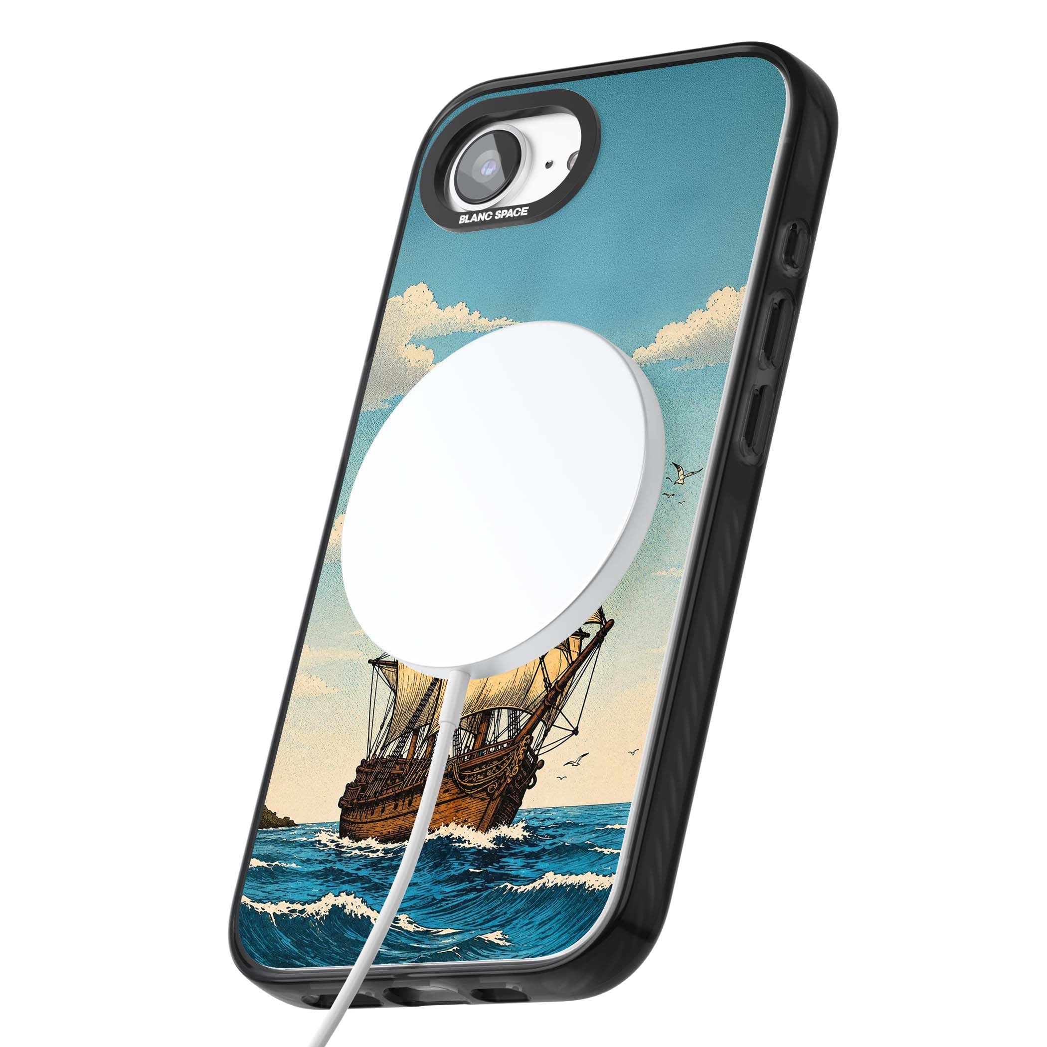 Ship at Sea nautical iPhone case featuring a vintage tall ship, ocean waves and seagulls | Black Impact Magsafe case for iPhone 16e, iPhone 17e