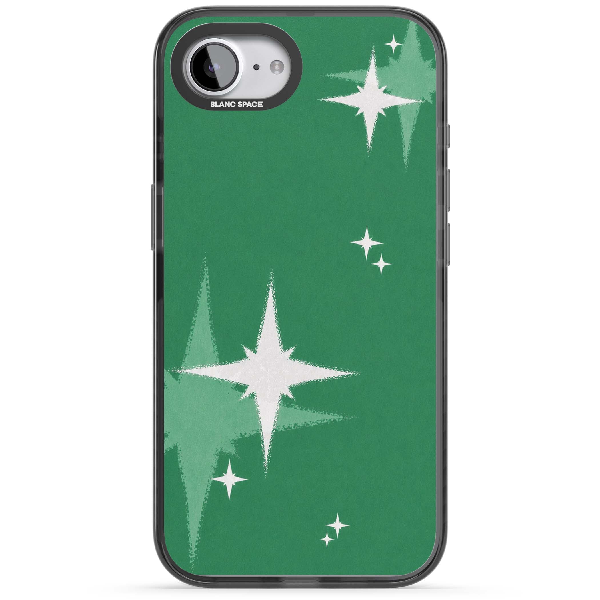 Green Sparkle celestial iPhone case featuring sparkling white four-point stars on a deep green background | Black Impact Magsafe case for iPhone 16e, iPhone 17e