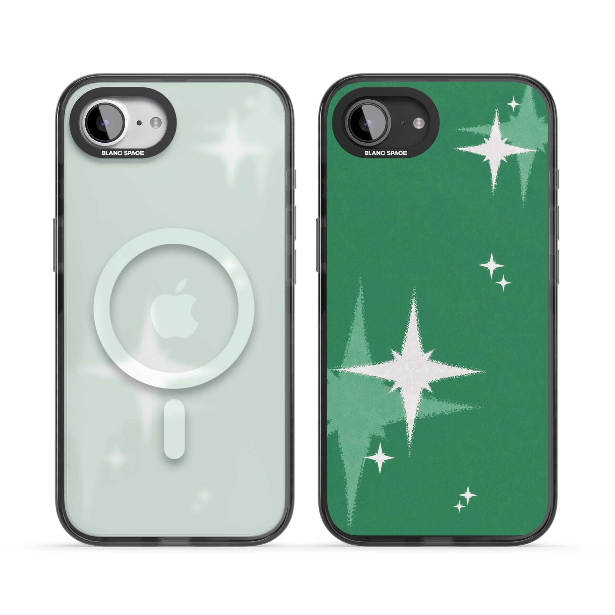Green Sparkle celestial iPhone case featuring sparkling white four-point stars on a deep green background | Black Impact Magsafe case for iPhone 16e, iPhone 17e