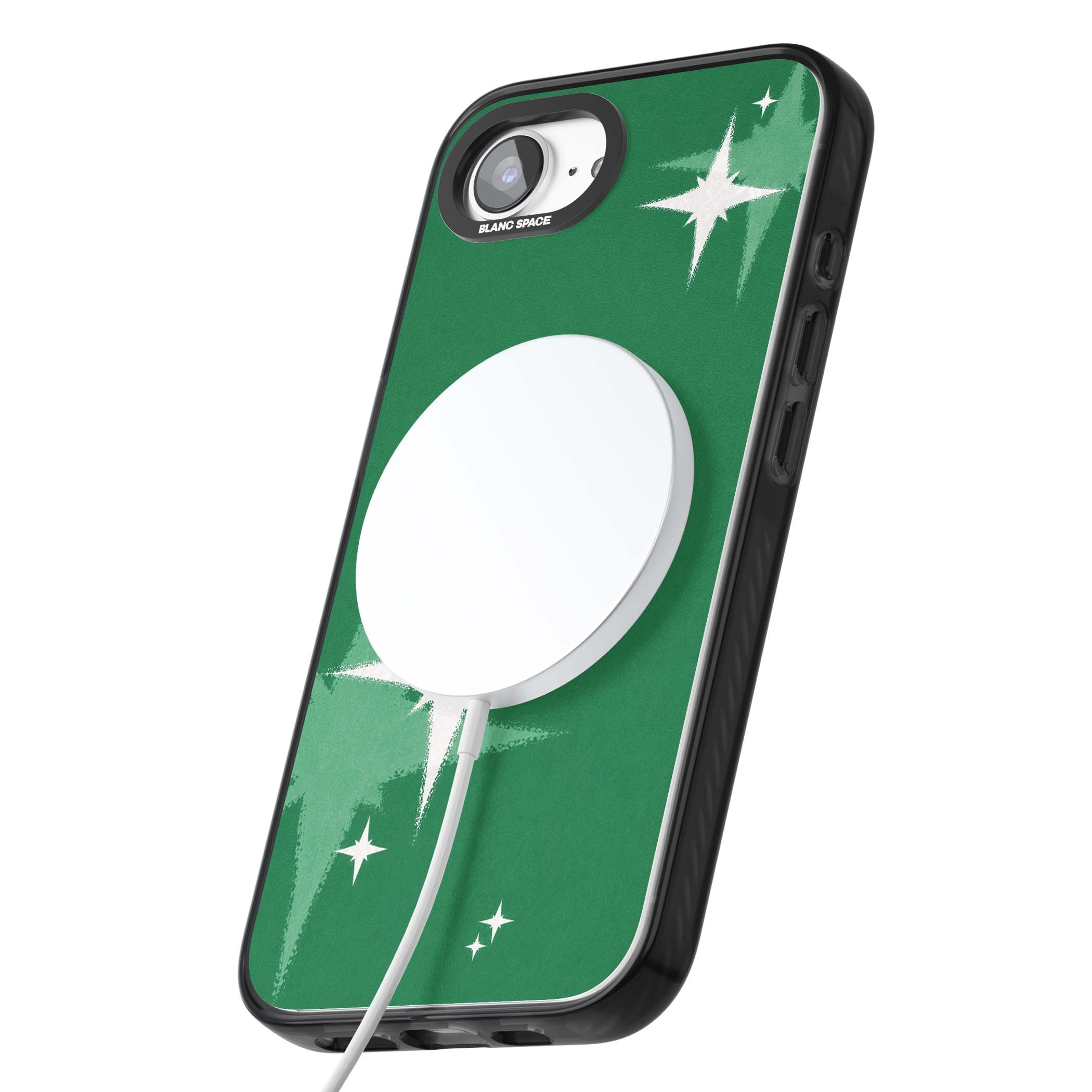 Green Sparkle celestial iPhone case featuring sparkling white four-point stars on a deep green background | Black Impact Magsafe case for iPhone 16e, iPhone 17e