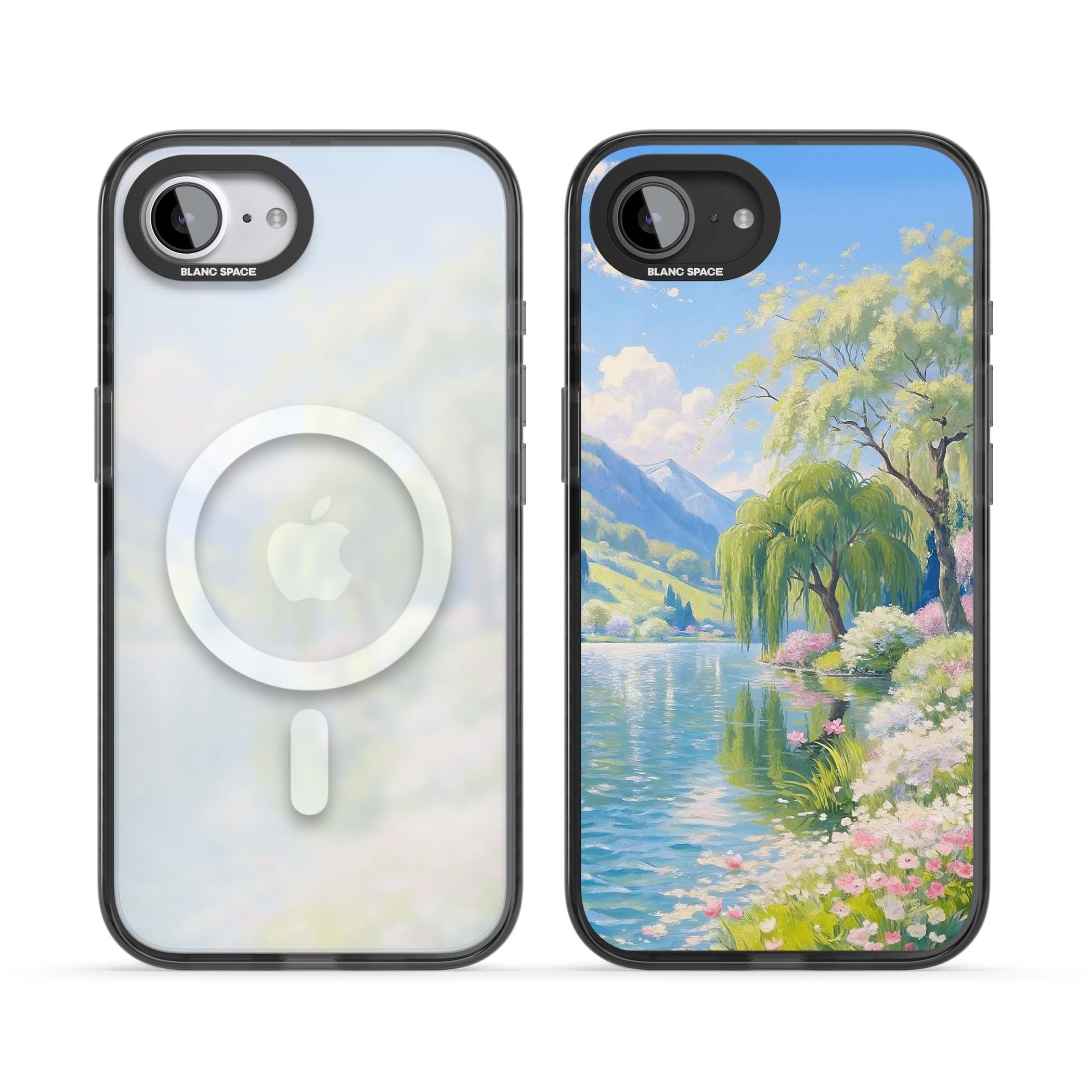 Willow Lake cottagecore iPhone case featuring a painted lakeside with weeping willow, blossoms and distant mountains | Black Impact Magsafe case for iPhone 16e, iPhone 17e