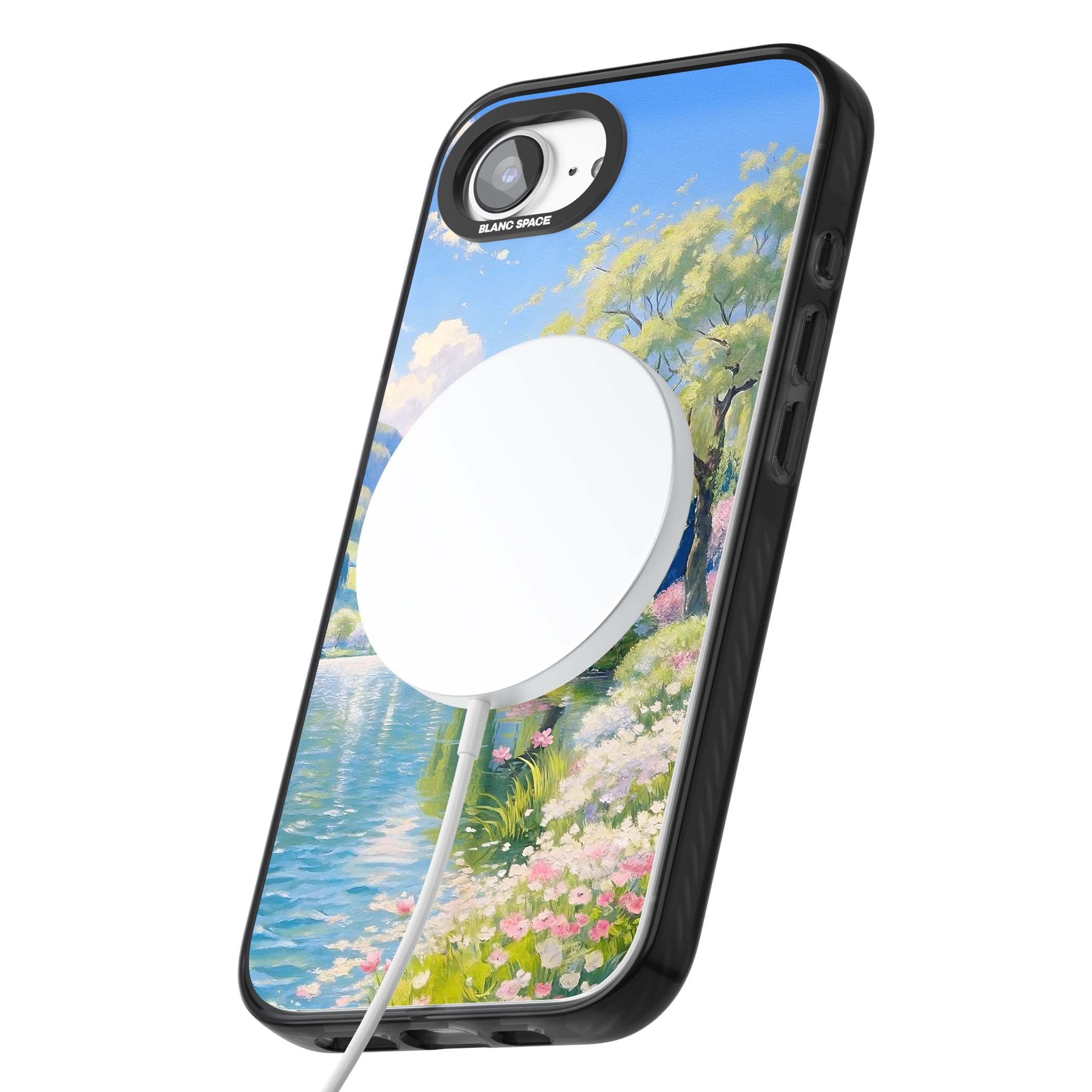 Willow Lake cottagecore iPhone case featuring a painted lakeside with weeping willow, blossoms and distant mountains | Black Impact Magsafe case for iPhone 16e, iPhone 17e