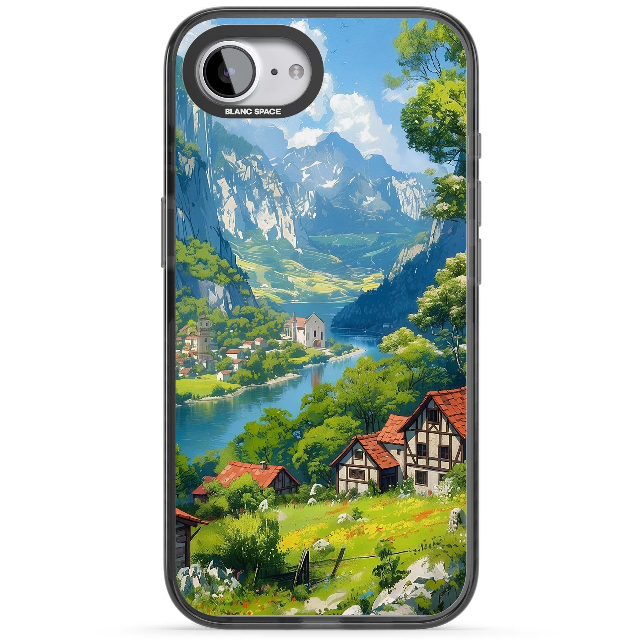 Village In The Valley anime iPhone case featuring a painted mountain village, river valley and half-timbered cottages. | Black Impact Magsafe case for iPhone 16e, iPhone 17e