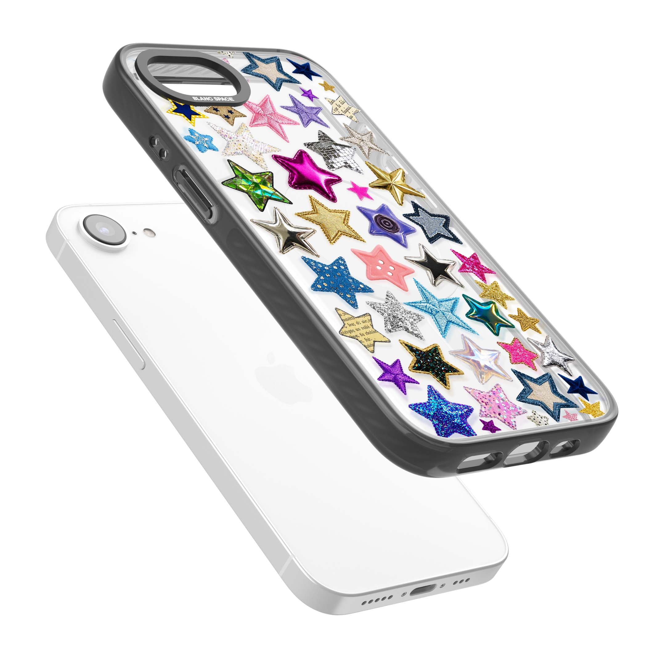 Crafty Star Mix Y2K iPhone case featuring embroidered, sequinned and glitter star patches in rainbow colours | Black Impact Magsafe case for iPhone 16e, iPhone 17e