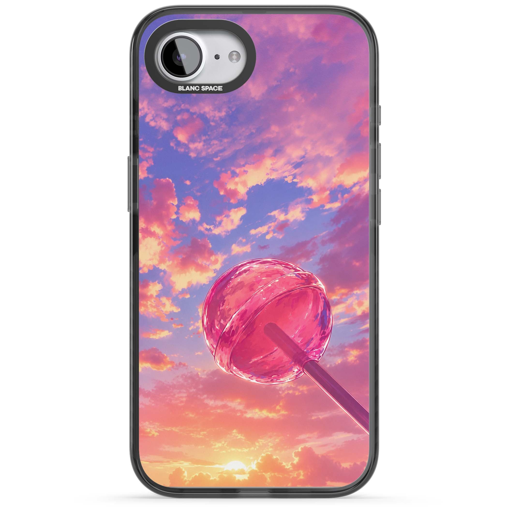 Sugar Sunset candy aesthetic iPhone case featuring a pink lollipop, pastel sunset sky and dreamy clouds | Black Impact Magsafe case for iPhone 16e, iPhone 17e