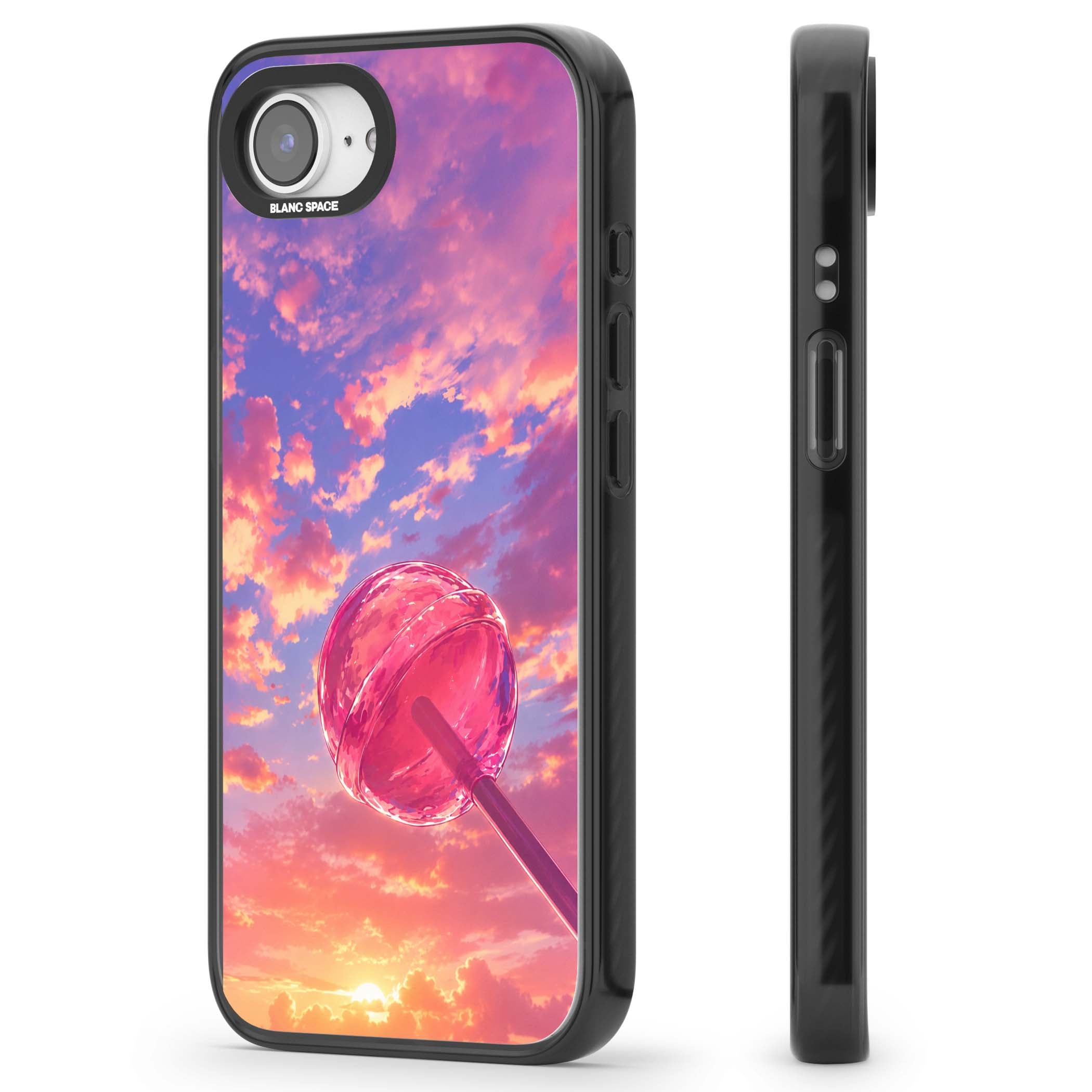 Sugar Sunset candy aesthetic iPhone case featuring a pink lollipop, pastel sunset sky and dreamy clouds | Black Impact Magsafe case for iPhone 16e, iPhone 17e