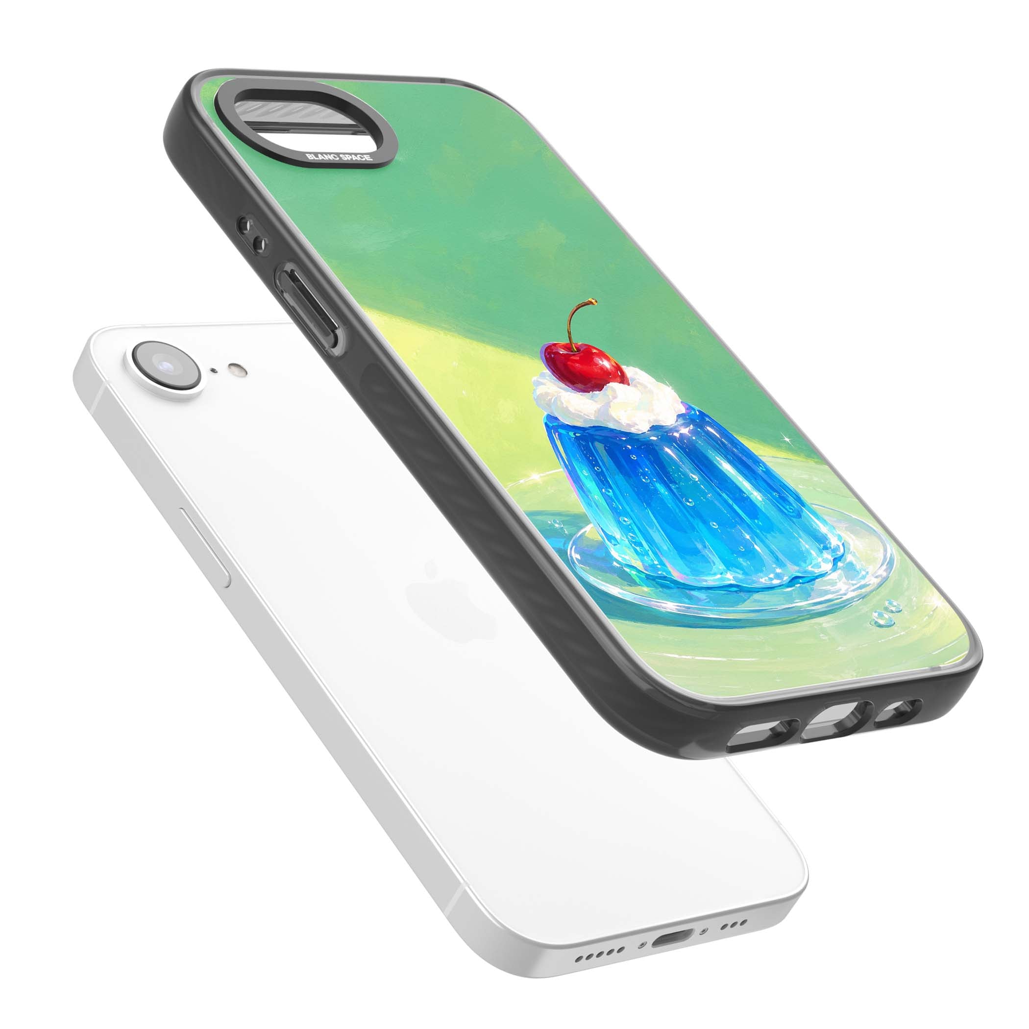 Cherry Jelly kawaii dessert iPhone case featuring blue jelly pudding, whipped cream and a red cherry | Black Impact Magsafe case for iPhone 16e, iPhone 17e