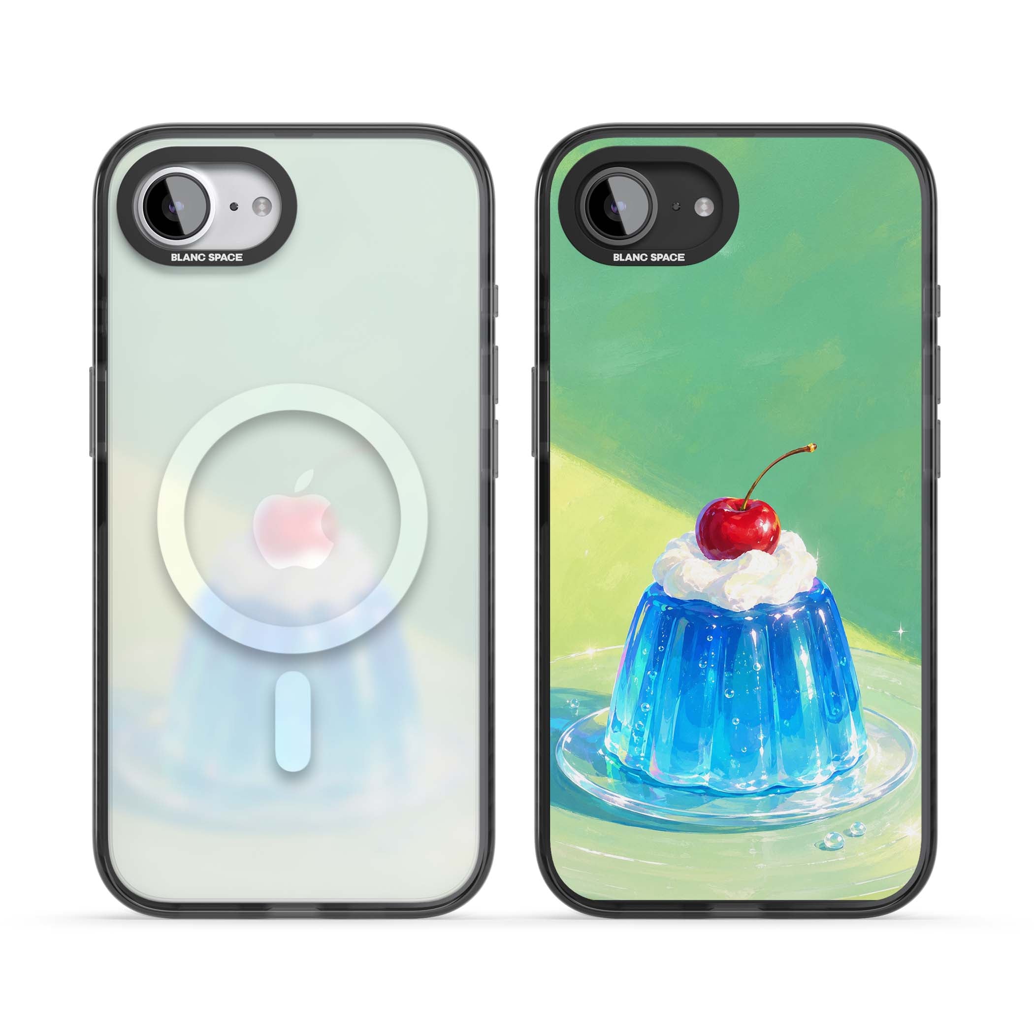 Cherry Jelly kawaii dessert iPhone case featuring blue jelly pudding, whipped cream and a red cherry | Black Impact Magsafe case for iPhone 16e, iPhone 17e