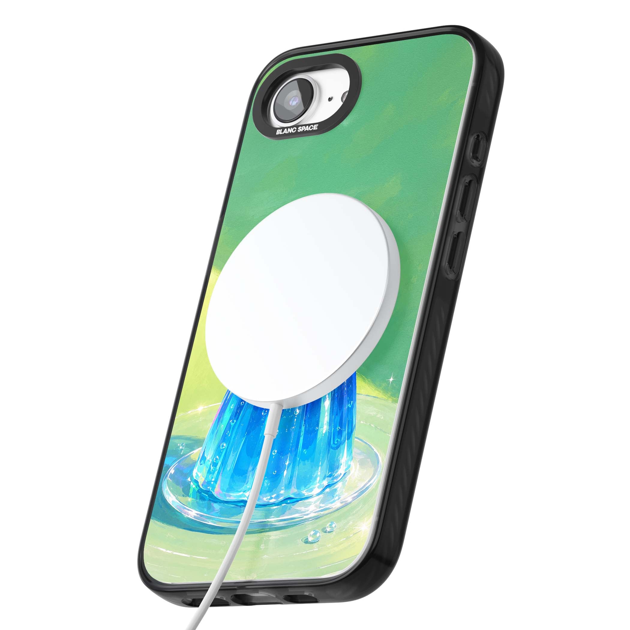 Cherry Jelly kawaii dessert iPhone case featuring blue jelly pudding, whipped cream and a red cherry | Black Impact Magsafe case for iPhone 16e, iPhone 17e