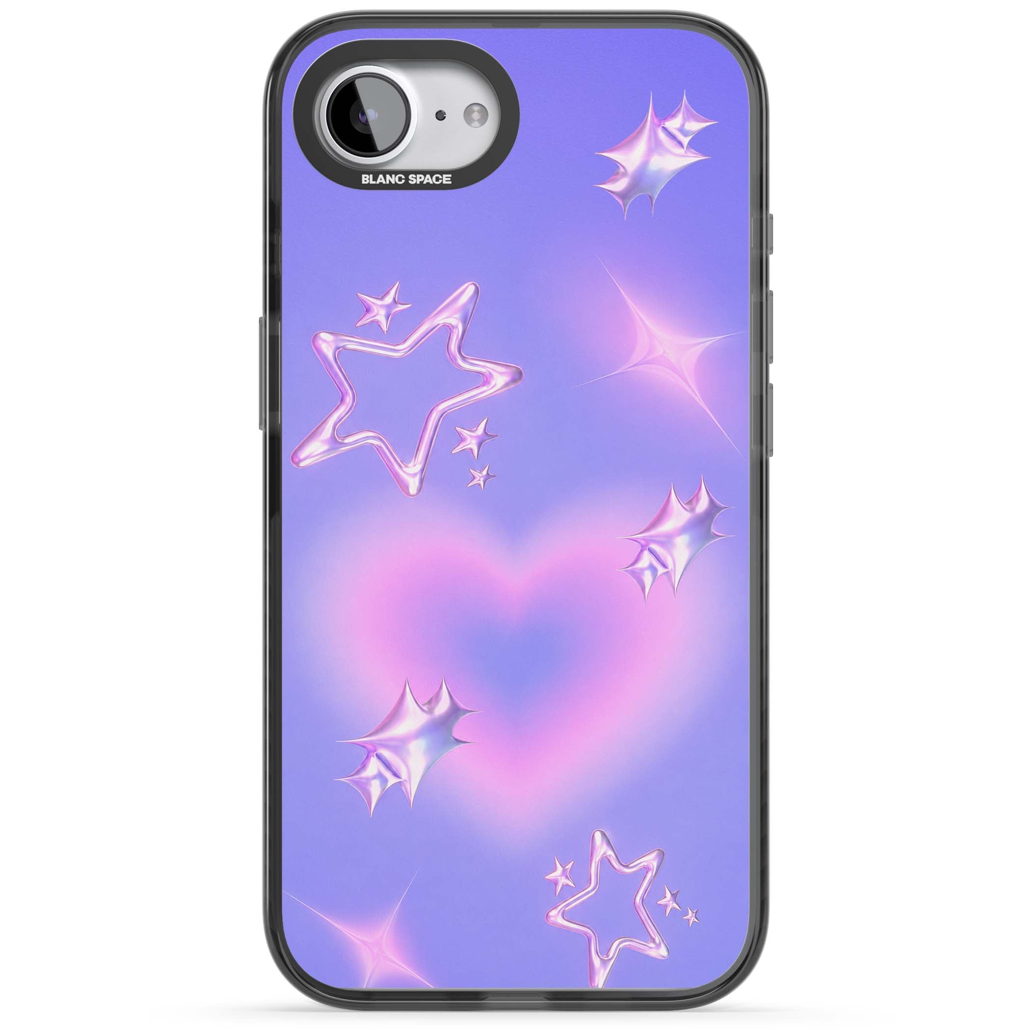 Soft Sugar Y2K iPhone case featuring iridescent chrome hearts, metallic pink stars and a lavender gradient sky | Black Impact Magsafe case for iPhone 16e, iPhone 17e