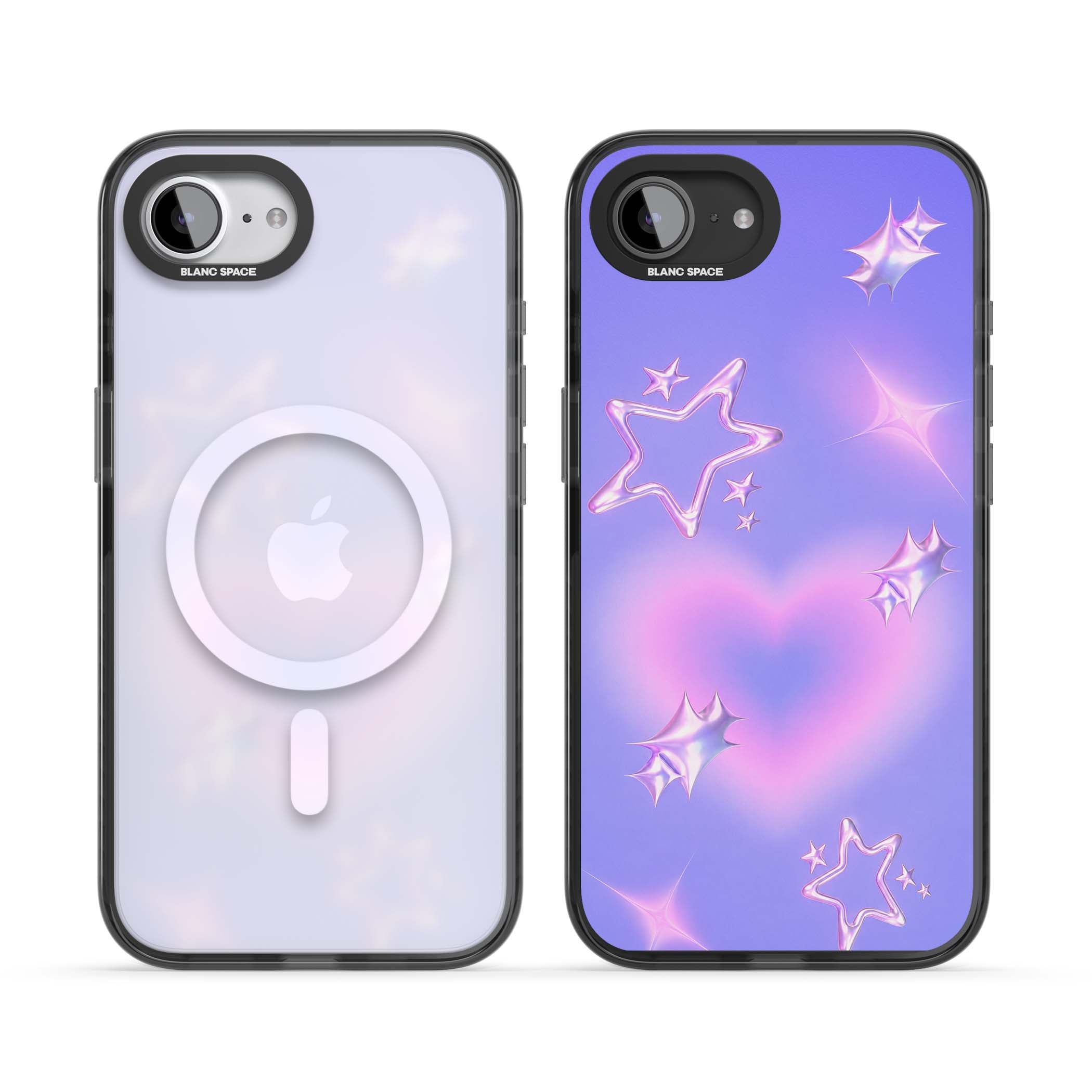 Soft Sugar Y2K iPhone case featuring iridescent chrome hearts, metallic pink stars and a lavender gradient sky | Black Impact Magsafe case for iPhone 16e, iPhone 17e