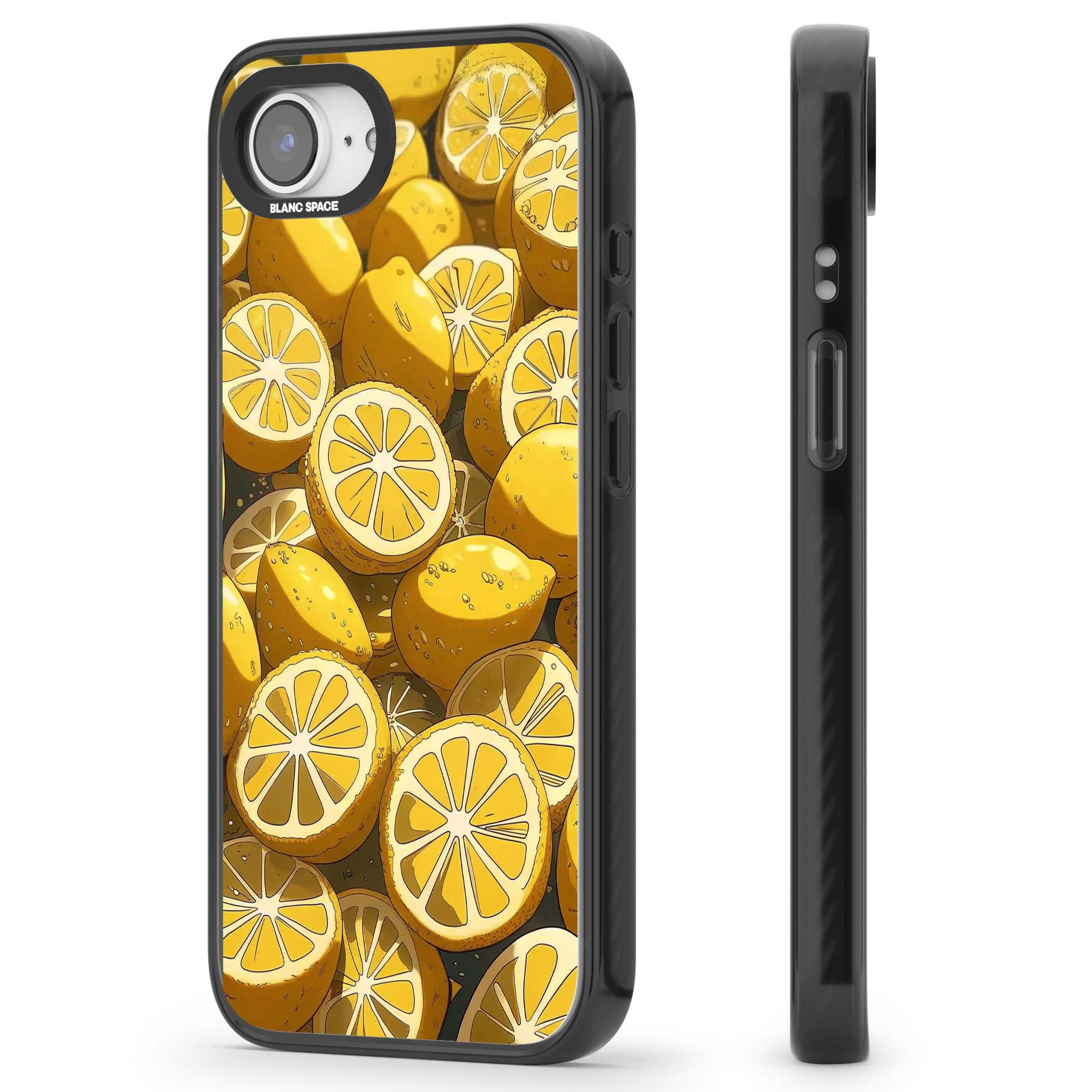 Zesty coastal iPhone case featuring illustrated Mediterranean lemons and citrus slices in golden yellow | Black Impact Magsafe case for iPhone 16e, iPhone 17e