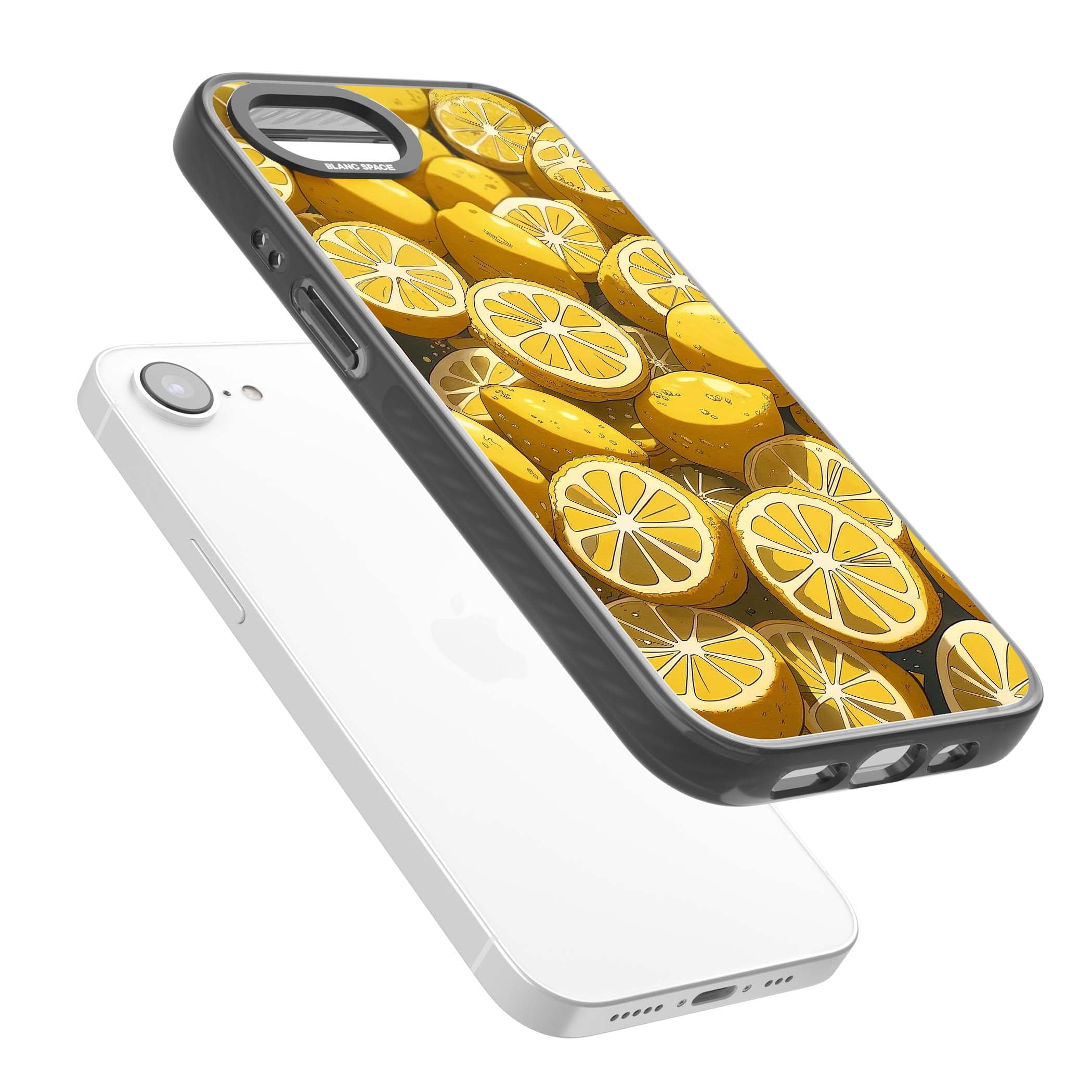 Zesty coastal iPhone case featuring illustrated Mediterranean lemons and citrus slices in golden yellow | Black Impact Magsafe case for iPhone 16e, iPhone 17e