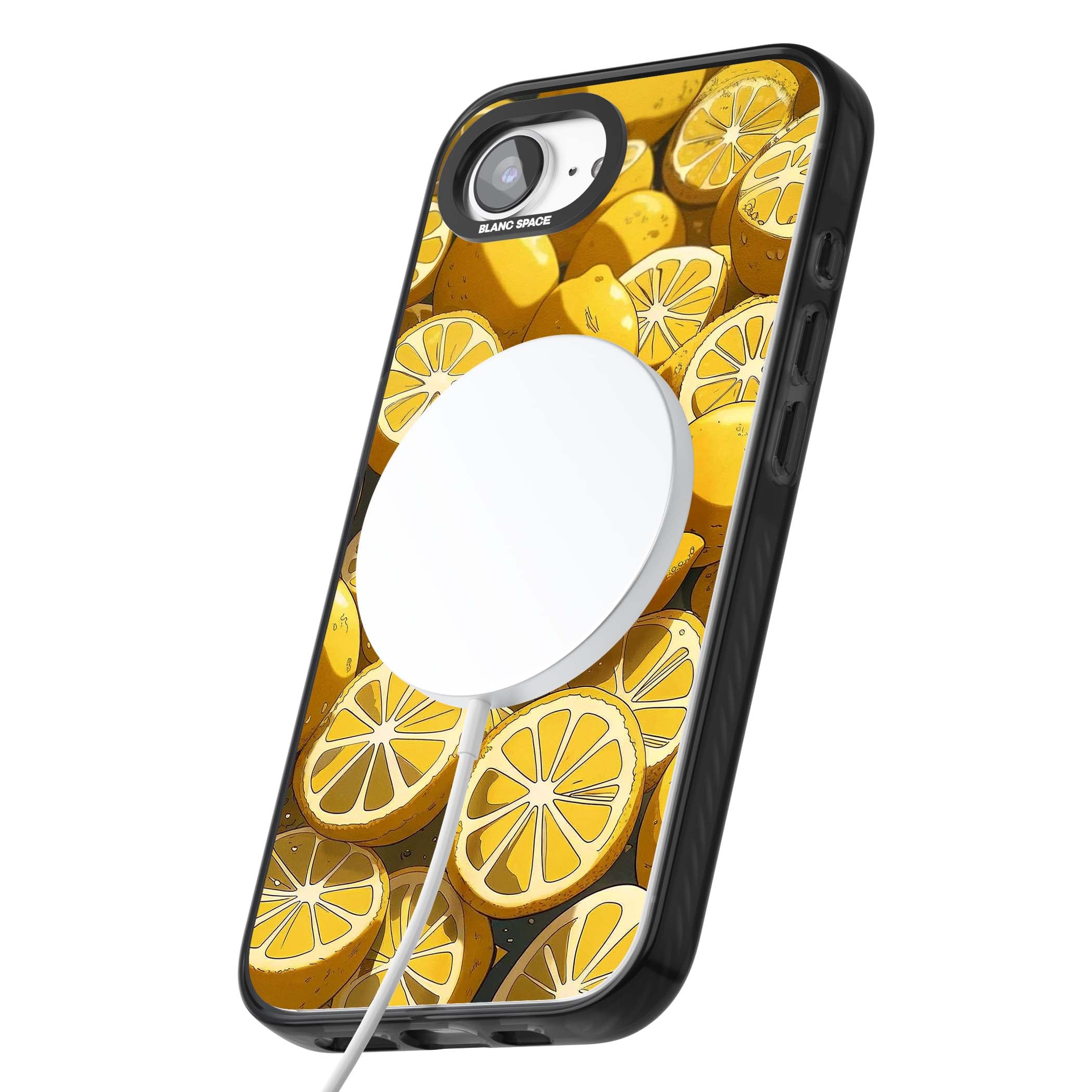 Zesty coastal iPhone case featuring illustrated Mediterranean lemons and citrus slices in golden yellow | Black Impact Magsafe case for iPhone 16e, iPhone 17e