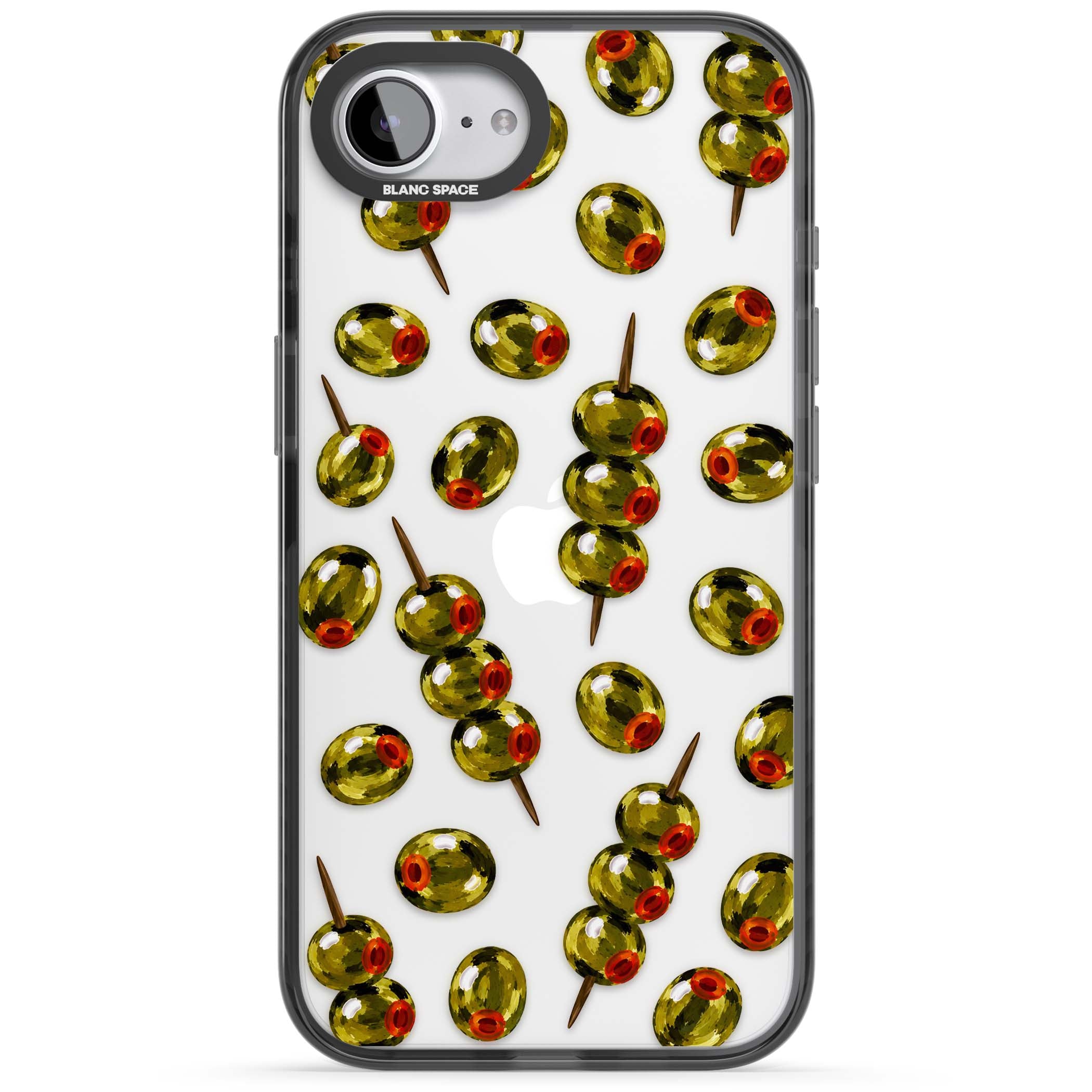 Painted Olives cocktail iPhone case featuring green olives, pimento centres and toothpick skewers on a clear background | Black Impact case for iPhone 16e, iPhone 17e