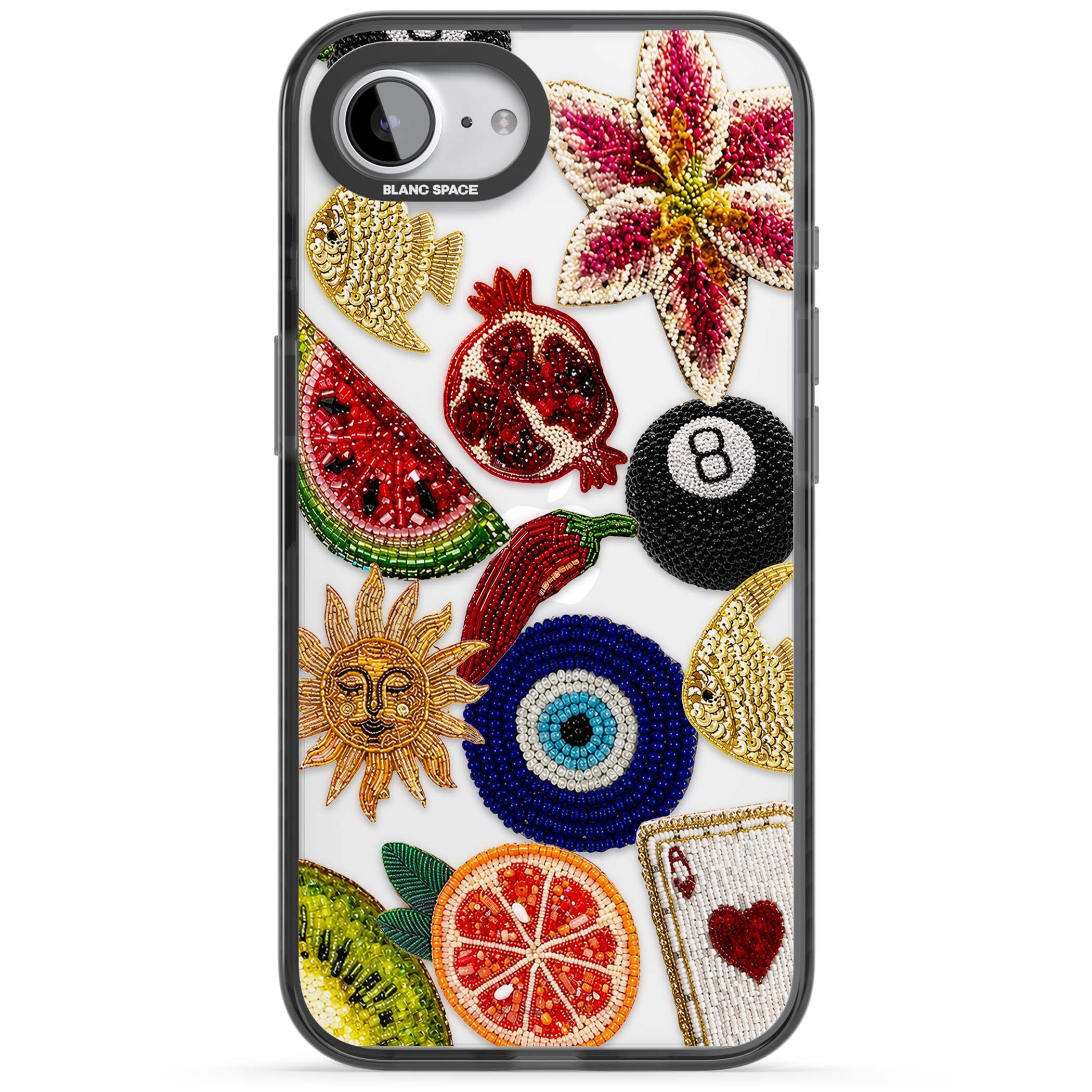 Beaded Charms embroidery iPhone case featuring beaded evil eye, fruit patches and a golden sun motif | Black Impact case for iPhone 16e, iPhone 17e