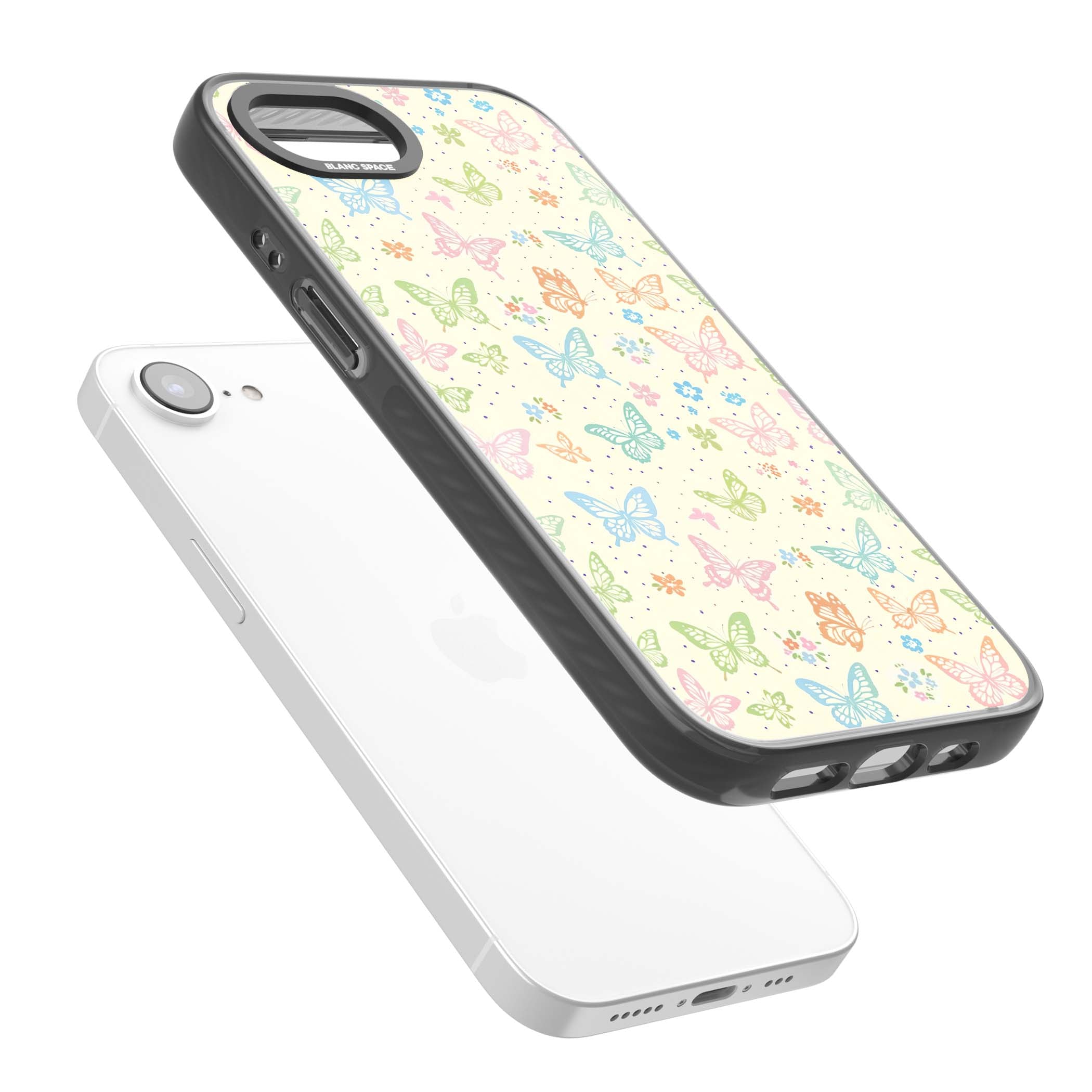 Sugar Wings cottagecore iPhone case featuring rainbow pastel butterflies, tiny wildflowers, and a cream background | Black Impact case for iPhone 16e, iPhone 17e