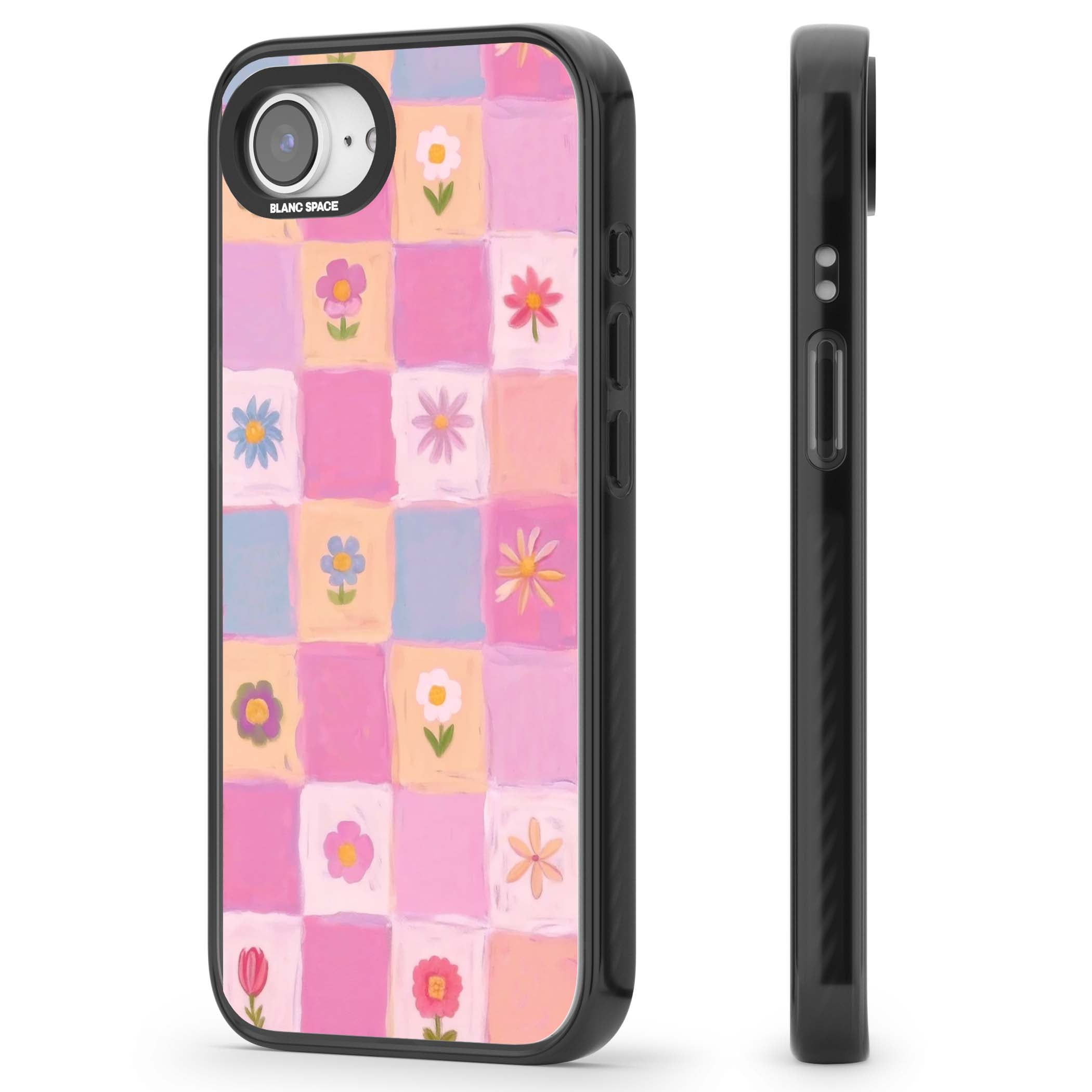 Pastel Flower Patchwork cottagecore iPhone case featuring painted pink and lilac squares with daisies and wildflowers | Black Impact case for iPhone 16e, iPhone 17e