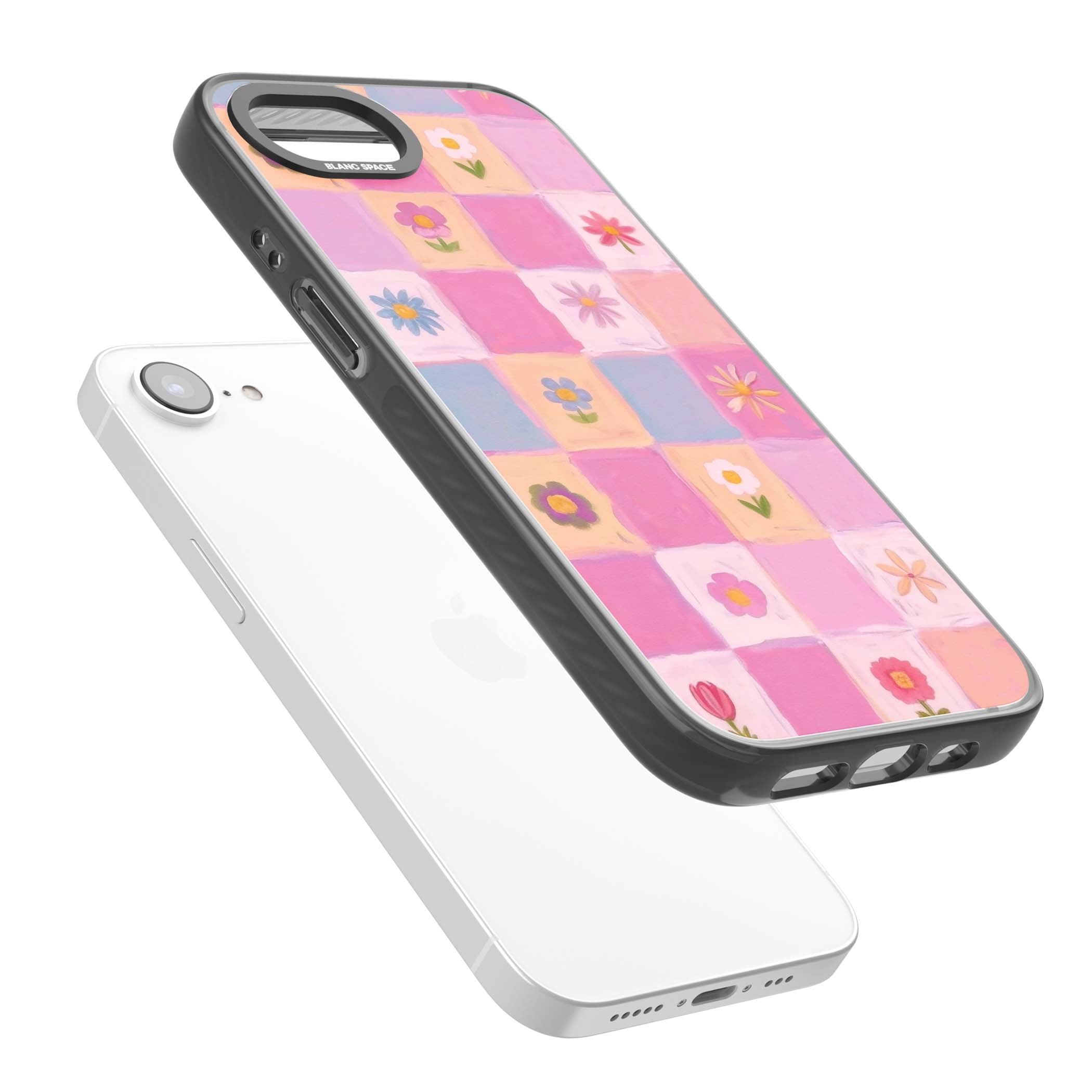 Pastel Flower Patchwork cottagecore iPhone case featuring painted pink and lilac squares with daisies and wildflowers | Black Impact case for iPhone 16e, iPhone 17e