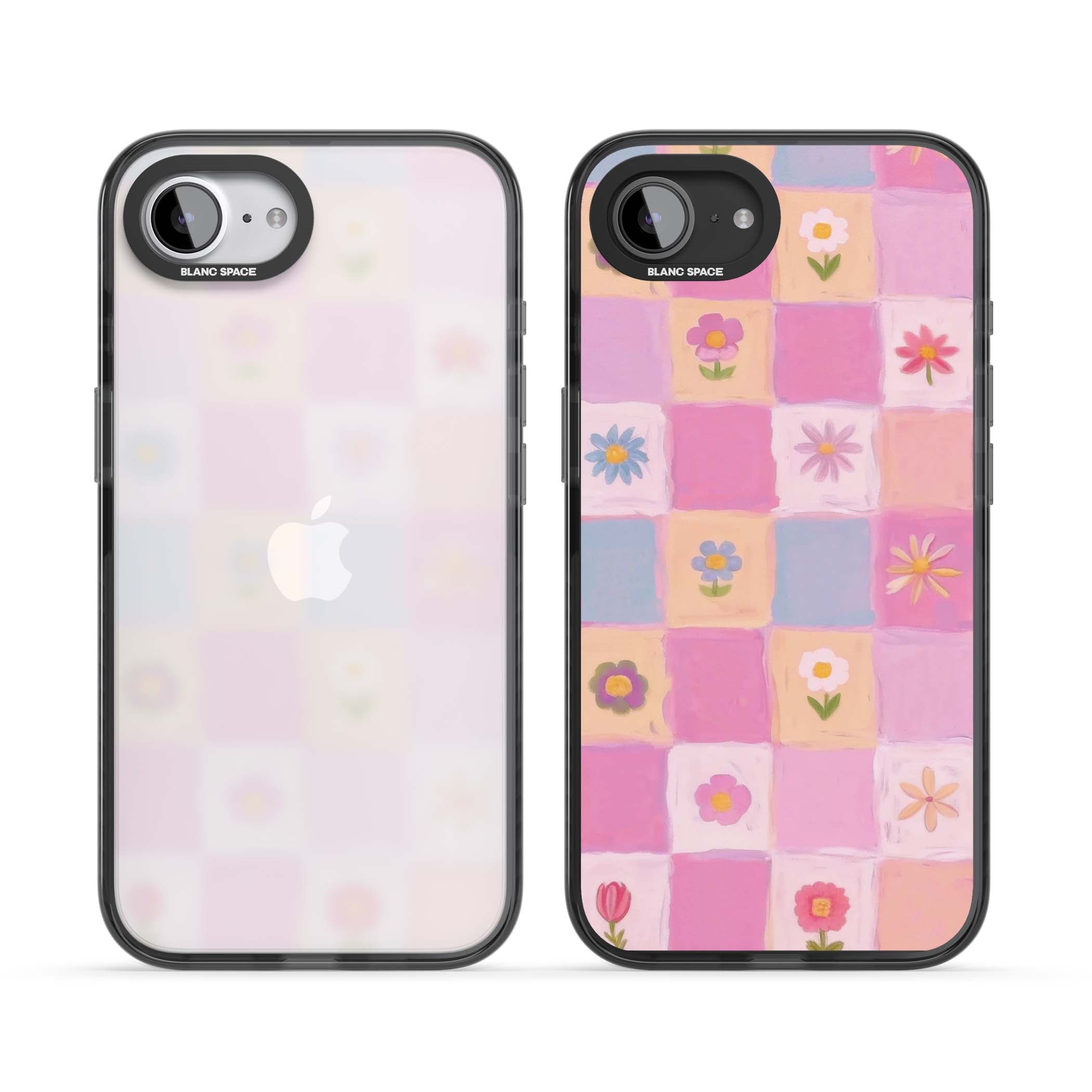 Pastel Flower Patchwork cottagecore iPhone case featuring painted pink and lilac squares with daisies and wildflowers | Black Impact case for iPhone 16e, iPhone 17e