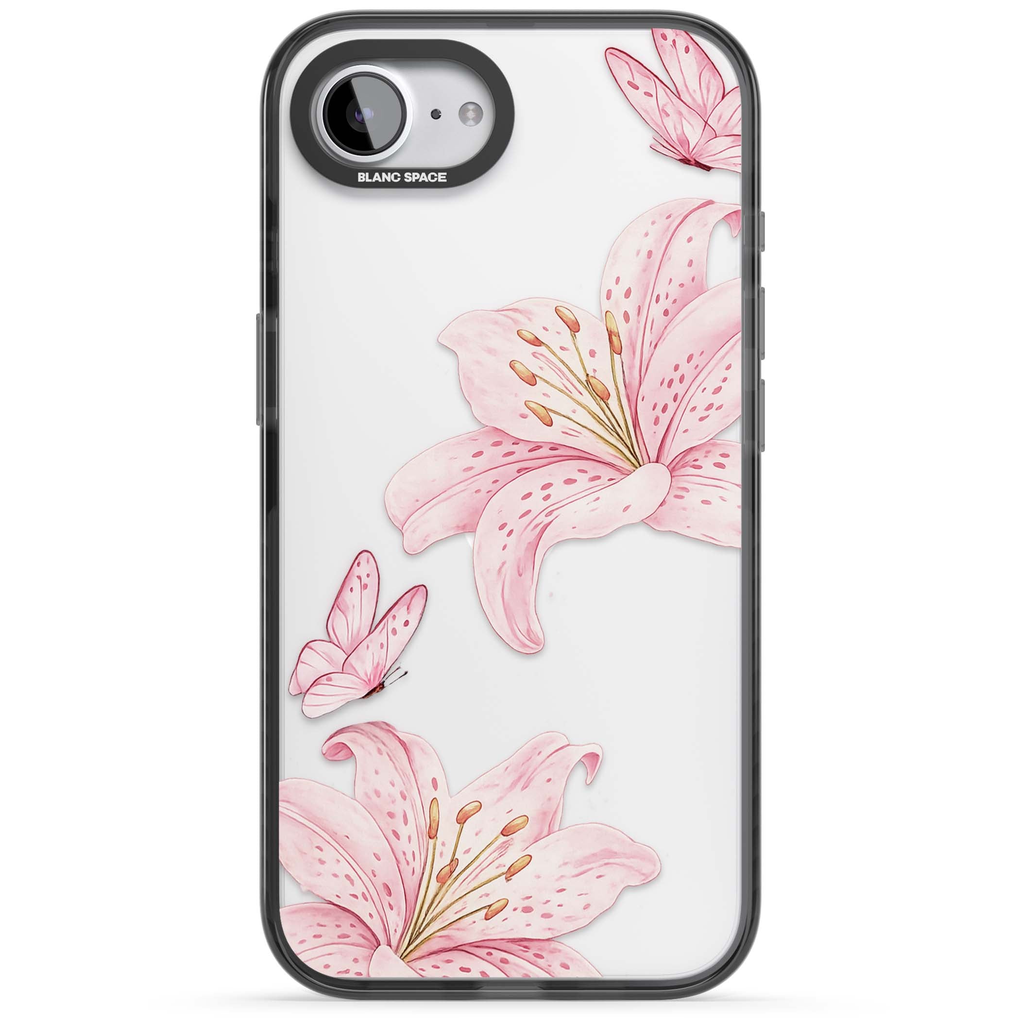 Lily Whisper floral iPhone case featuring pink watercolour lilies and delicate butterflies on a clear background | Black Impact case for iPhone 16e, iPhone 17e