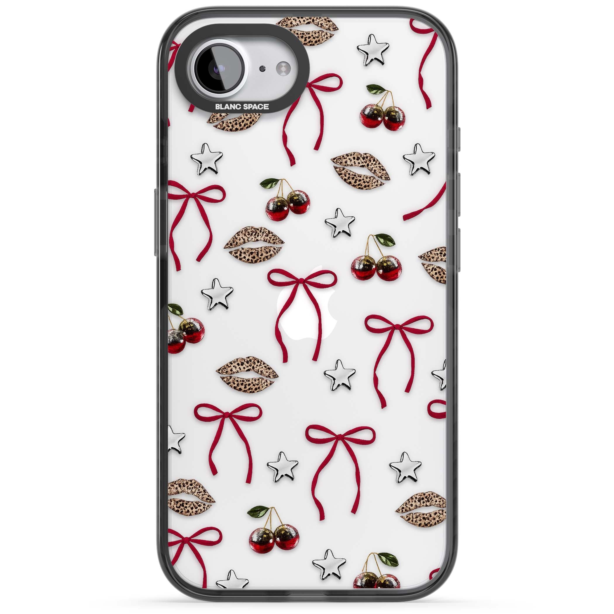 Starlet coquette iPhone case featuring red ribbon bows, disco cherries and leopard-print lips | Black Impact case for iPhone 16e, iPhone 17e