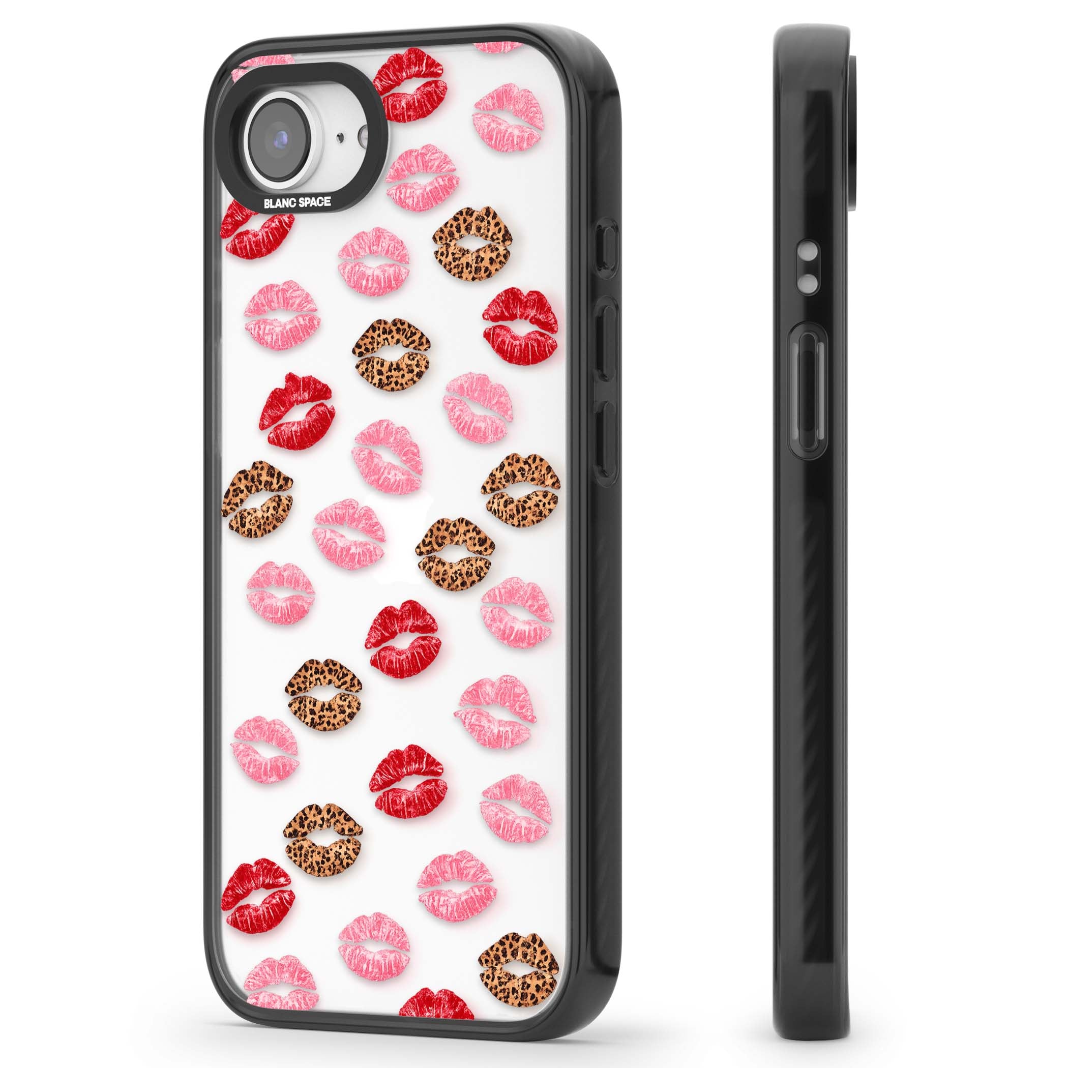 Wild Kisses coquette iPhone case featuring red, pink and leopard print lipstick kiss marks on a clear background | Black Impact case for iPhone 16e, iPhone 17e