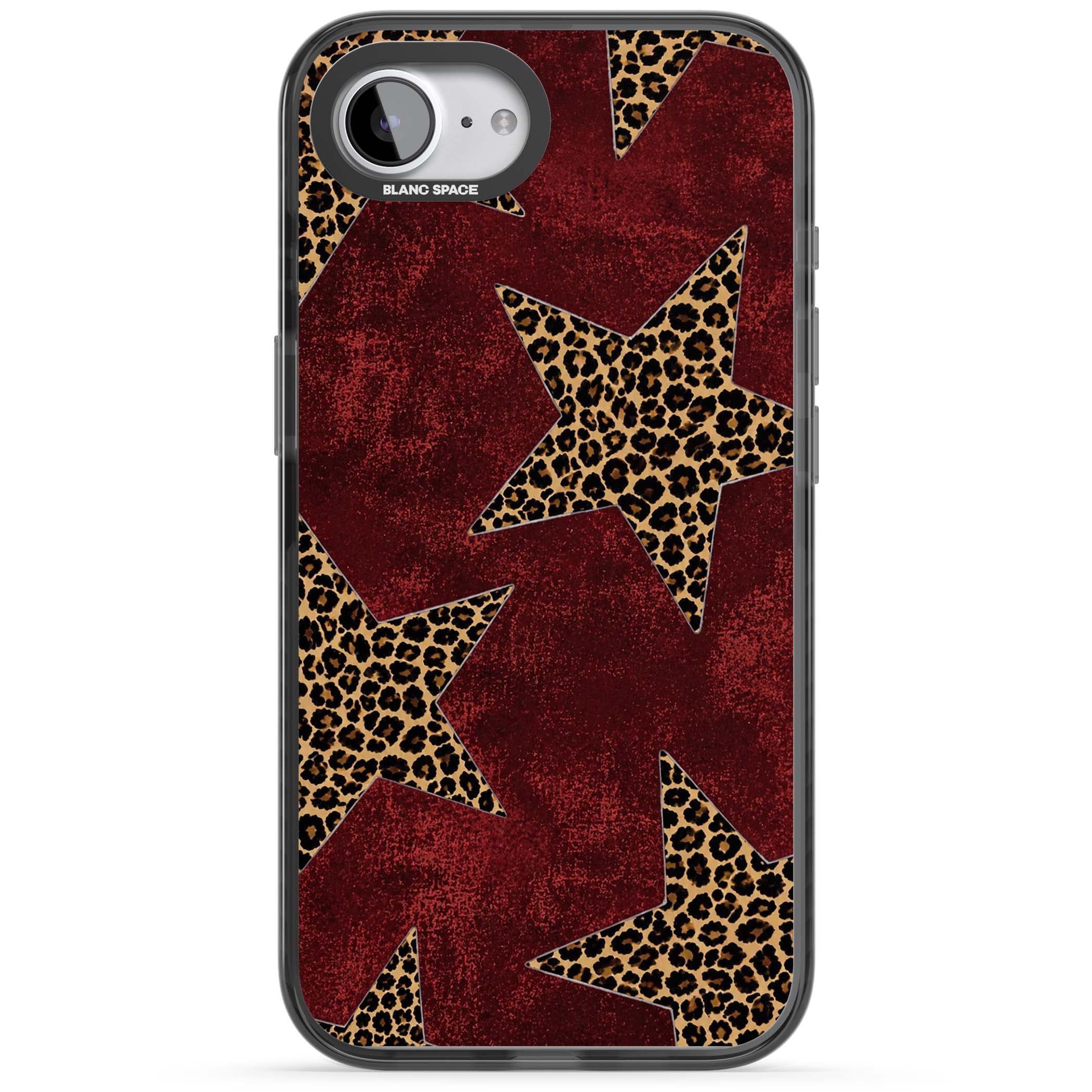 Showgirl leopard print iPhone case featuring cheetah print stars on distressed red grunge background | Black Impact case for iPhone 16e, iPhone 17e
