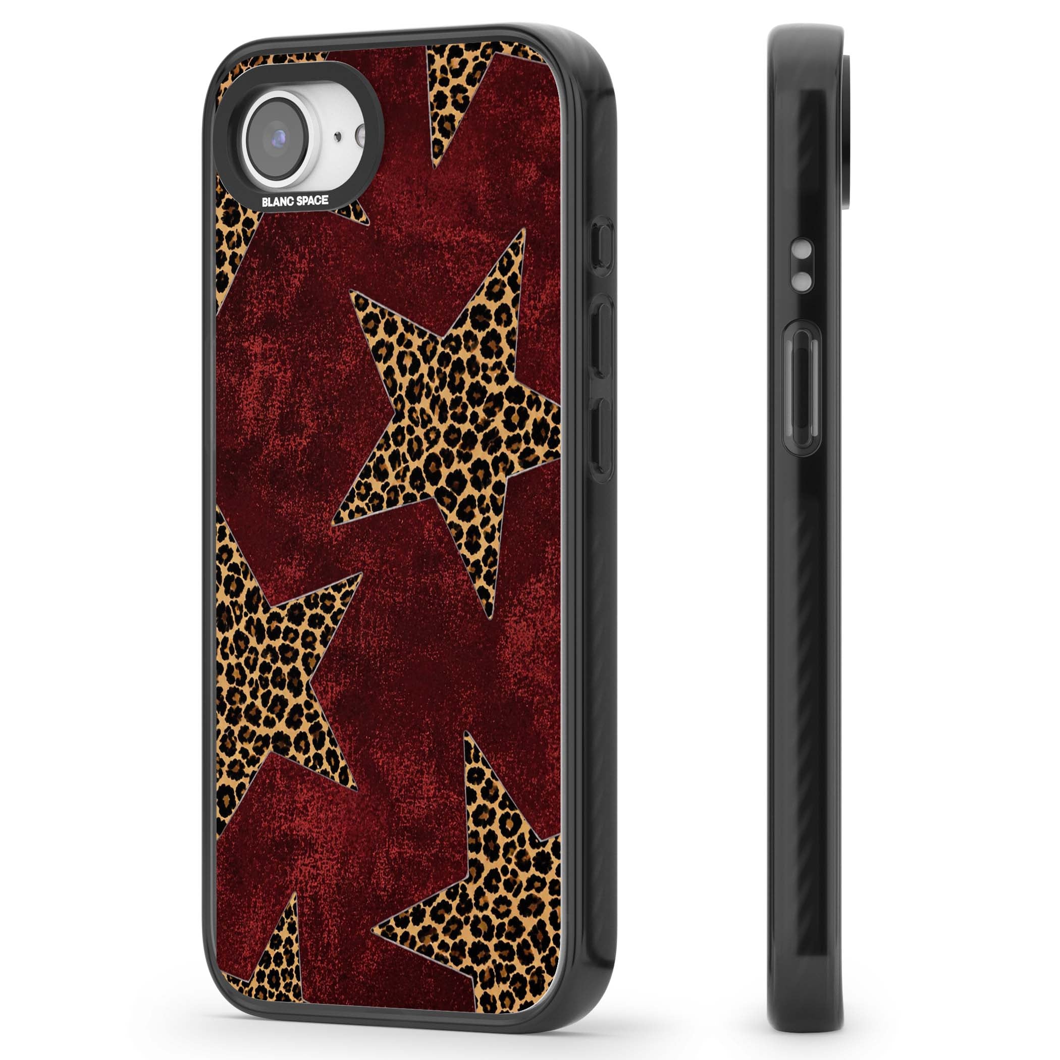 Showgirl leopard print iPhone case featuring cheetah print stars on distressed red grunge background | Black Impact case for iPhone 16e, iPhone 17e