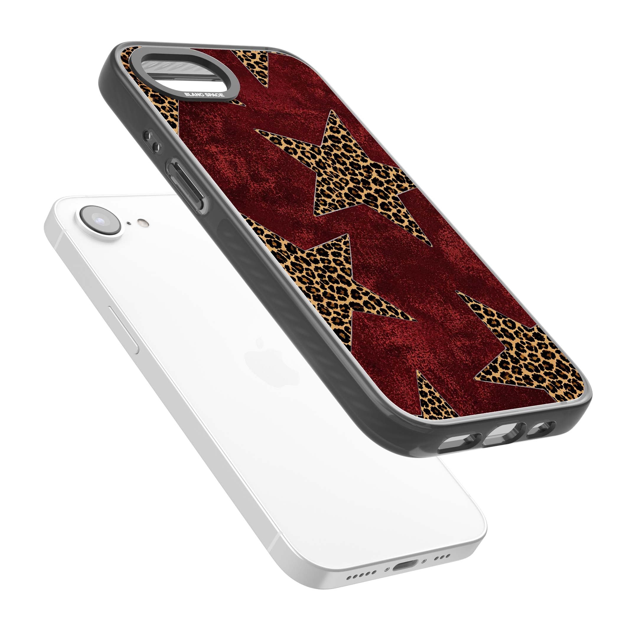 Showgirl leopard print iPhone case featuring cheetah print stars on distressed red grunge background | Black Impact case for iPhone 16e, iPhone 17e