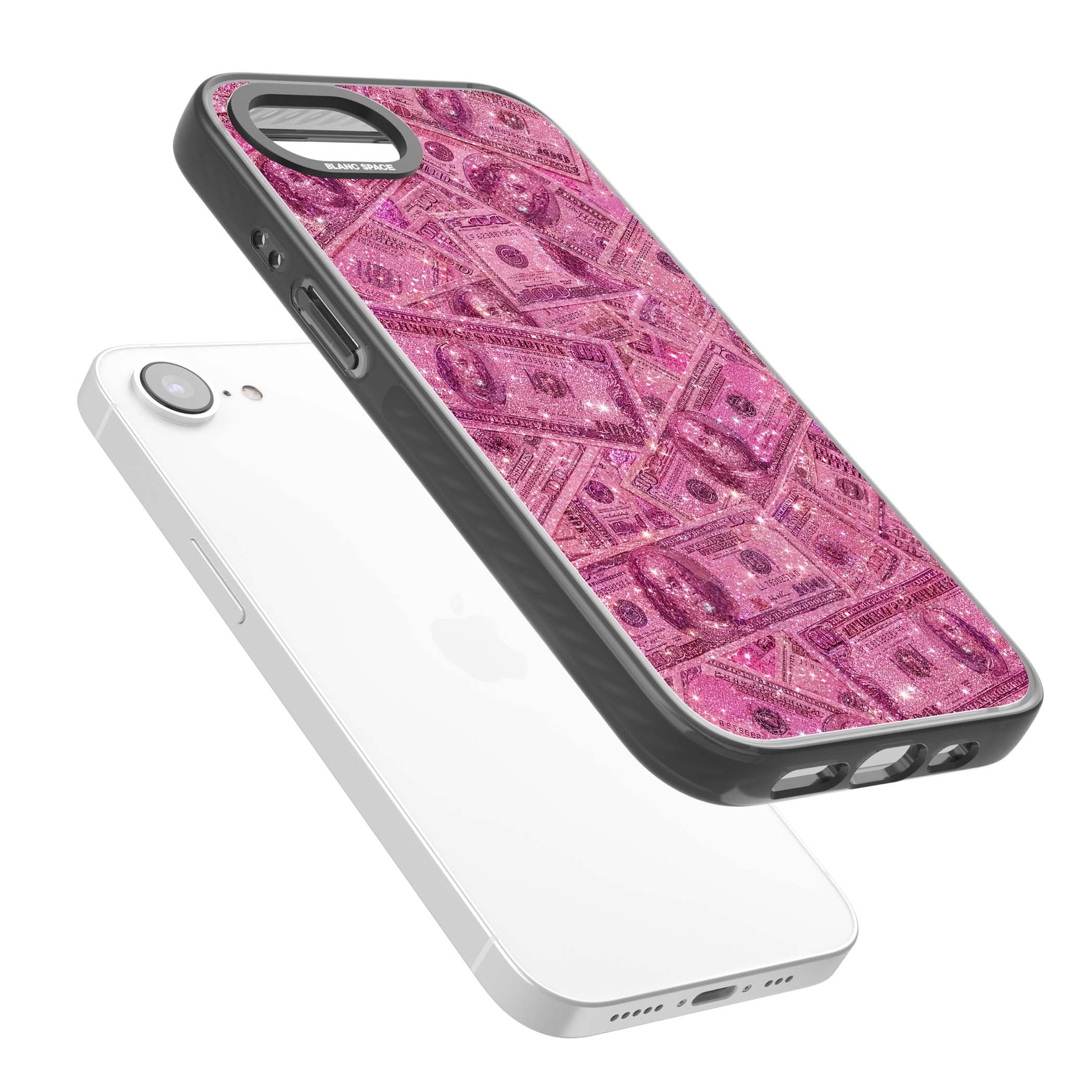 Glamorous baddie iPhone case featuring pink glitter hundred dollar bills and sparkling money wallpaper design | Black Impact case for iPhone 16e, iPhone 17e