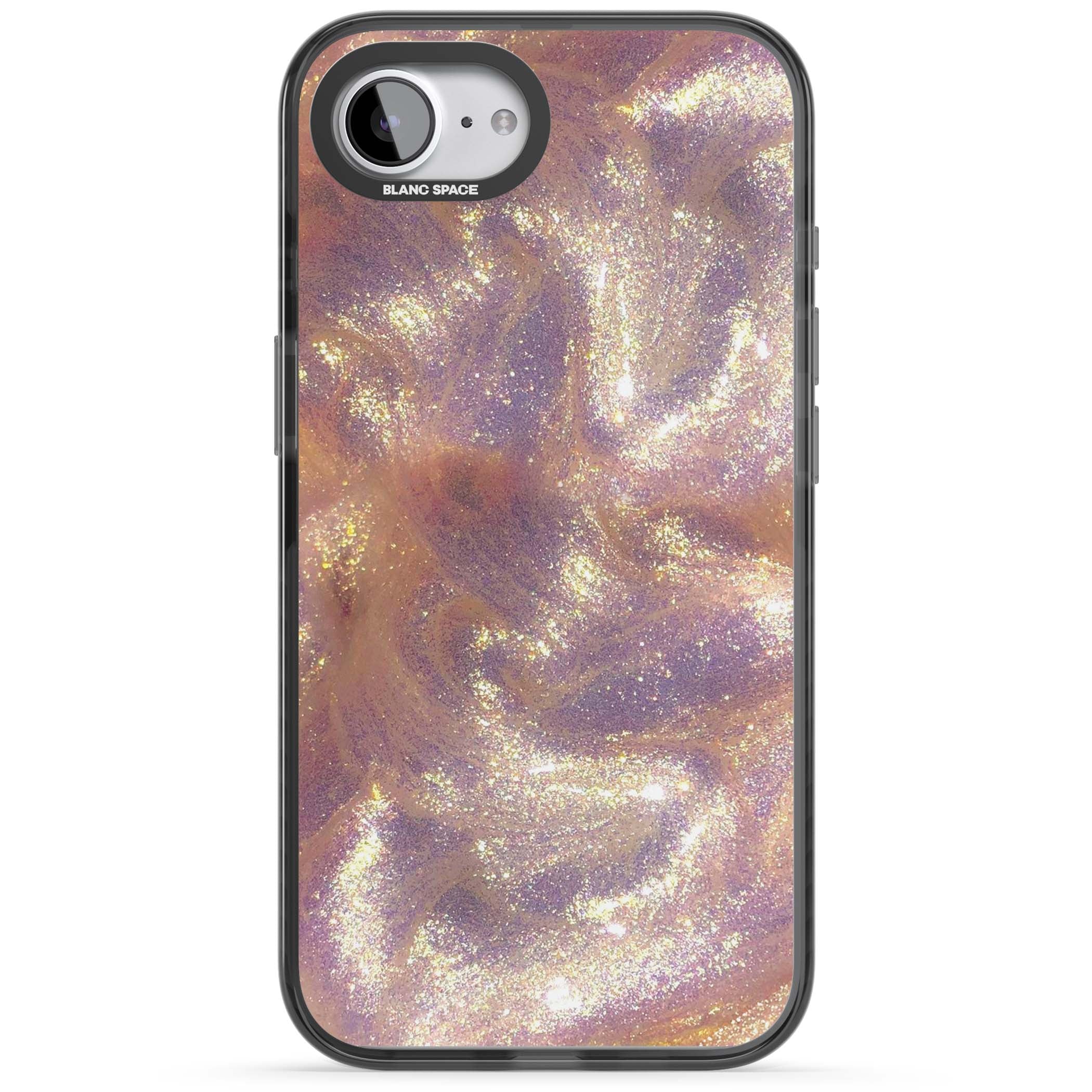 Shimmer marble iPhone case featuring rose gold glitter swirls, lilac shimmer and iridescent pearl finish | Black Impact case for iPhone 16e, iPhone 17e