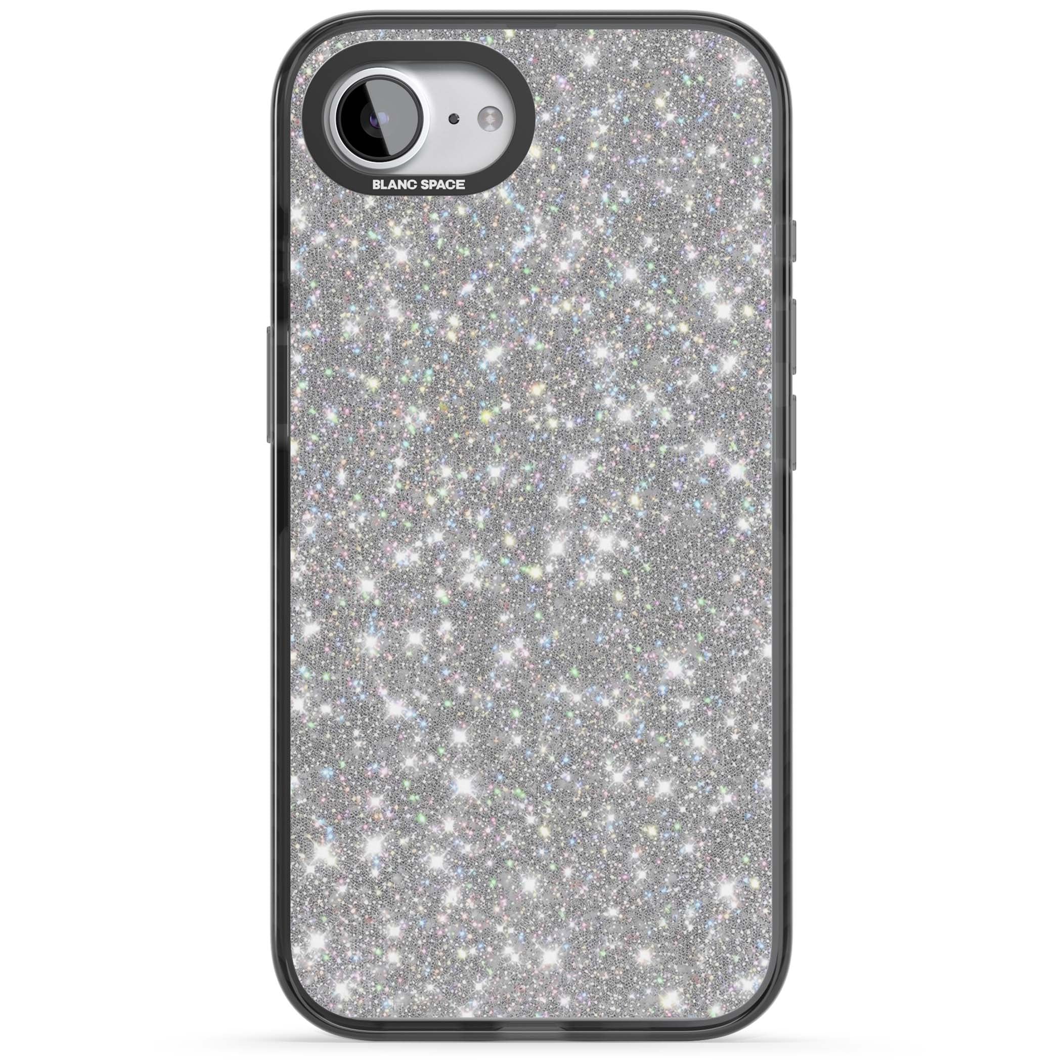 Diamond glam iPhone case featuring silver glitter sparkle and shimmering diamond dust effect | Black Impact case for iPhone 16e, iPhone 17e