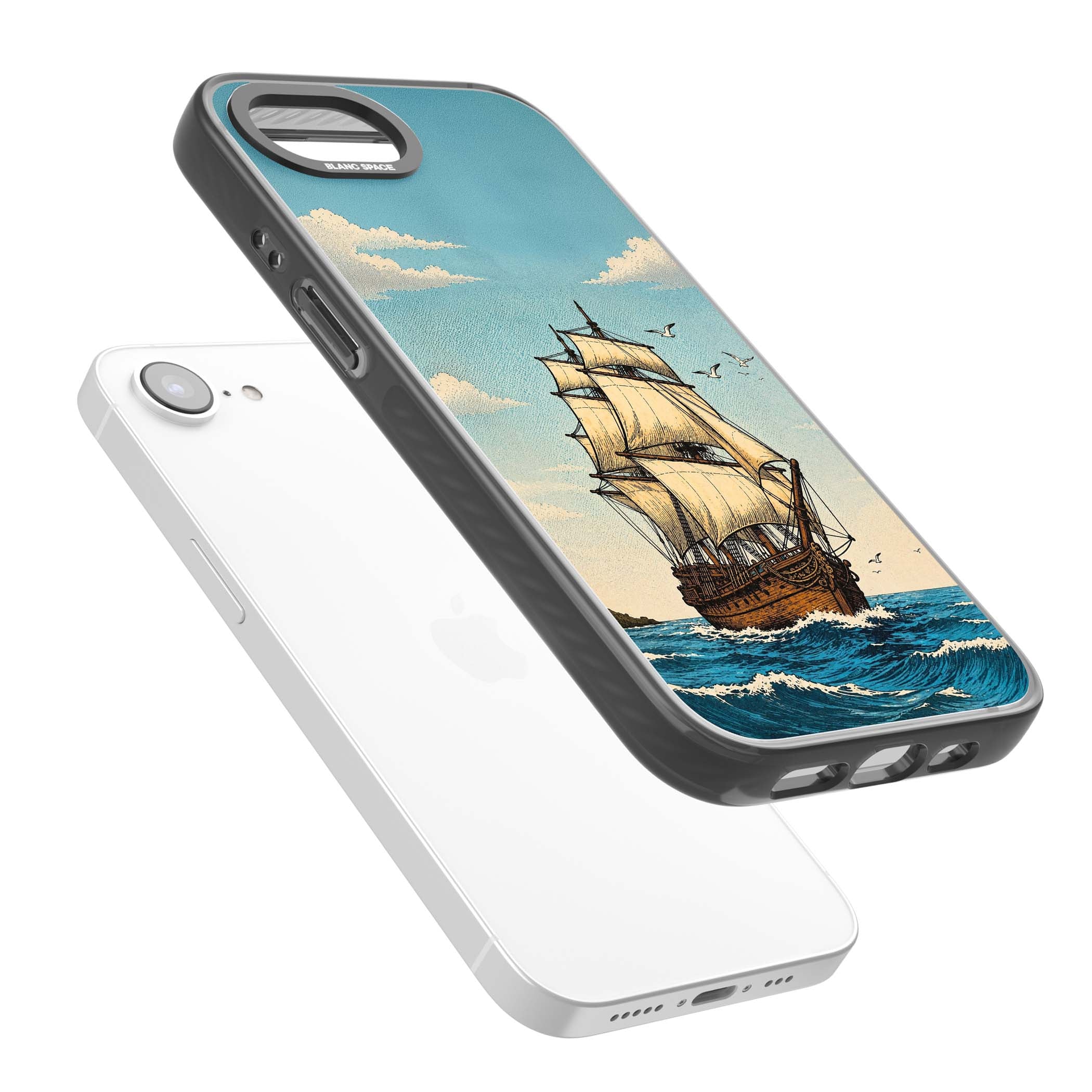 Ship at Sea nautical iPhone case featuring a vintage tall ship, ocean waves and seagulls | Black Impact case for iPhone 16e, iPhone 17e