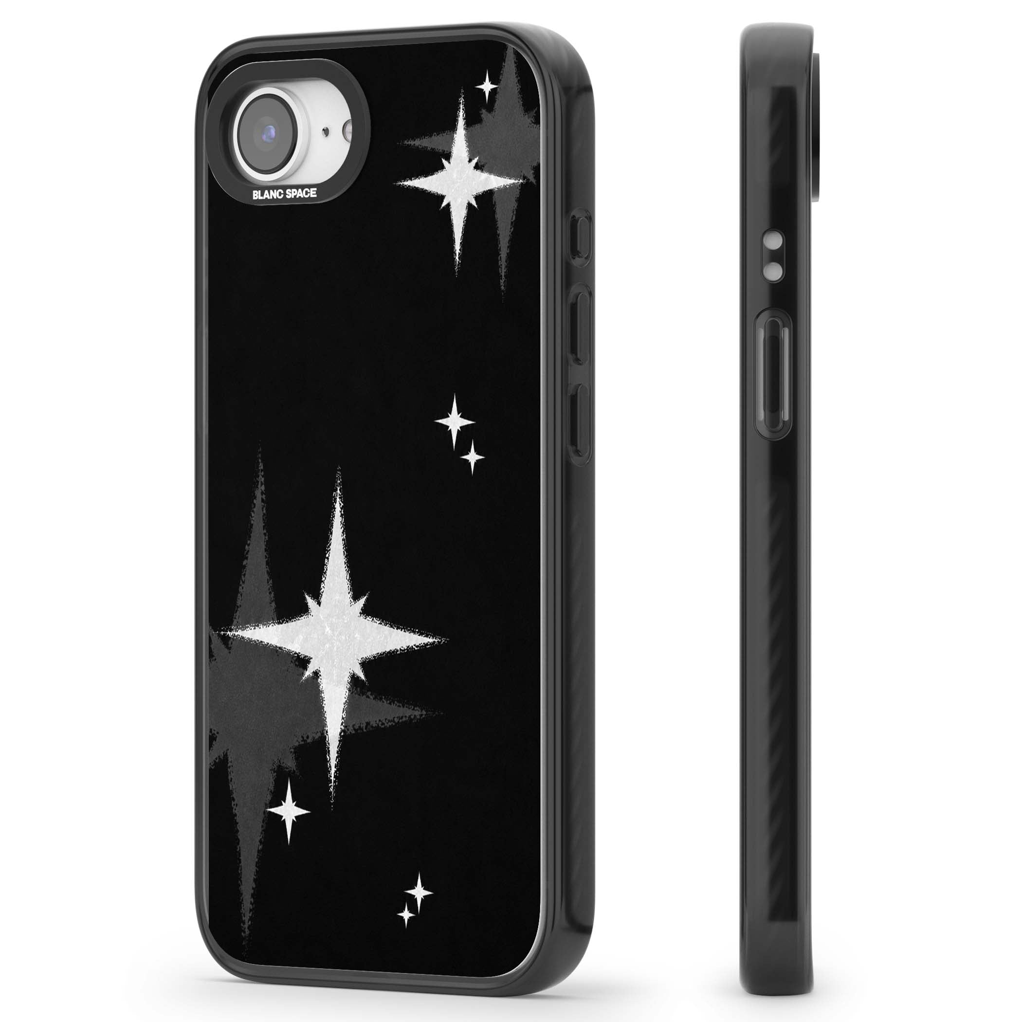 Black Sparkle celestial iPhone case featuring white sparkle stars on a black night sky background | Black Impact case for iPhone 16e, iPhone 17e