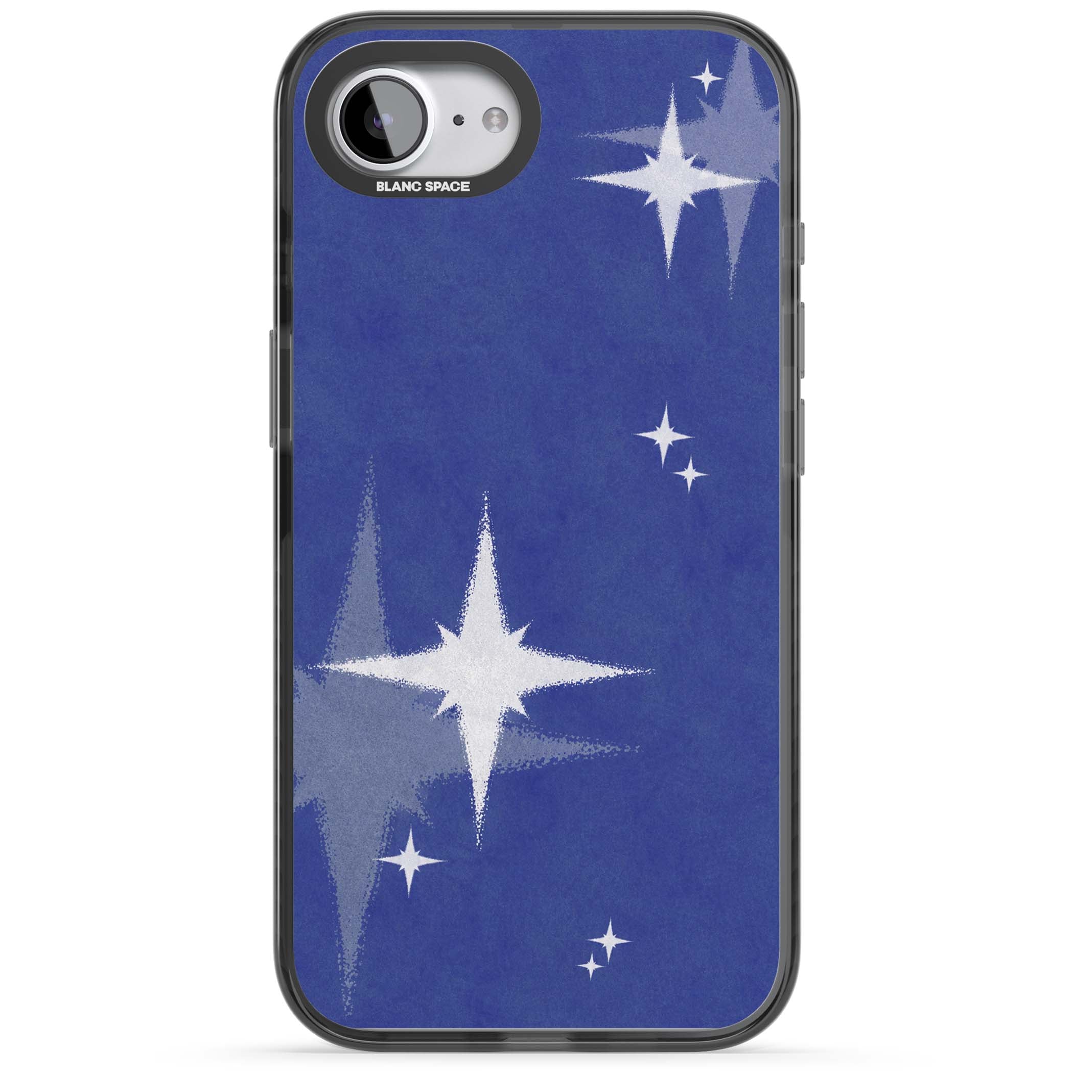 Blue Sparkle celestial iPhone case featuring sparkling silver stars on a deep blue painterly night sky | Black Impact case for iPhone 16e, iPhone 17e