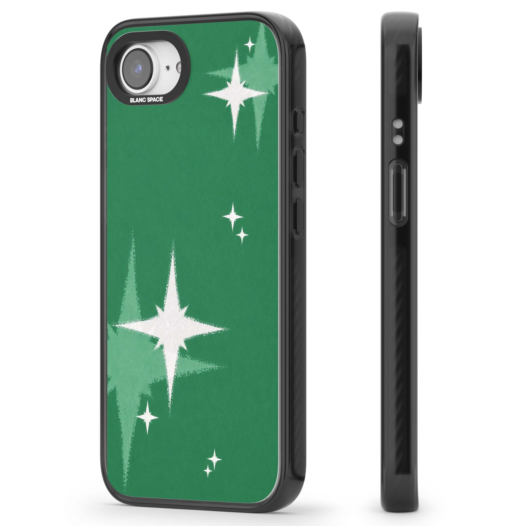 Green Sparkle celestial iPhone case featuring sparkling white four-point stars on a deep green background | Black Impact case for iPhone 16e, iPhone 17e
