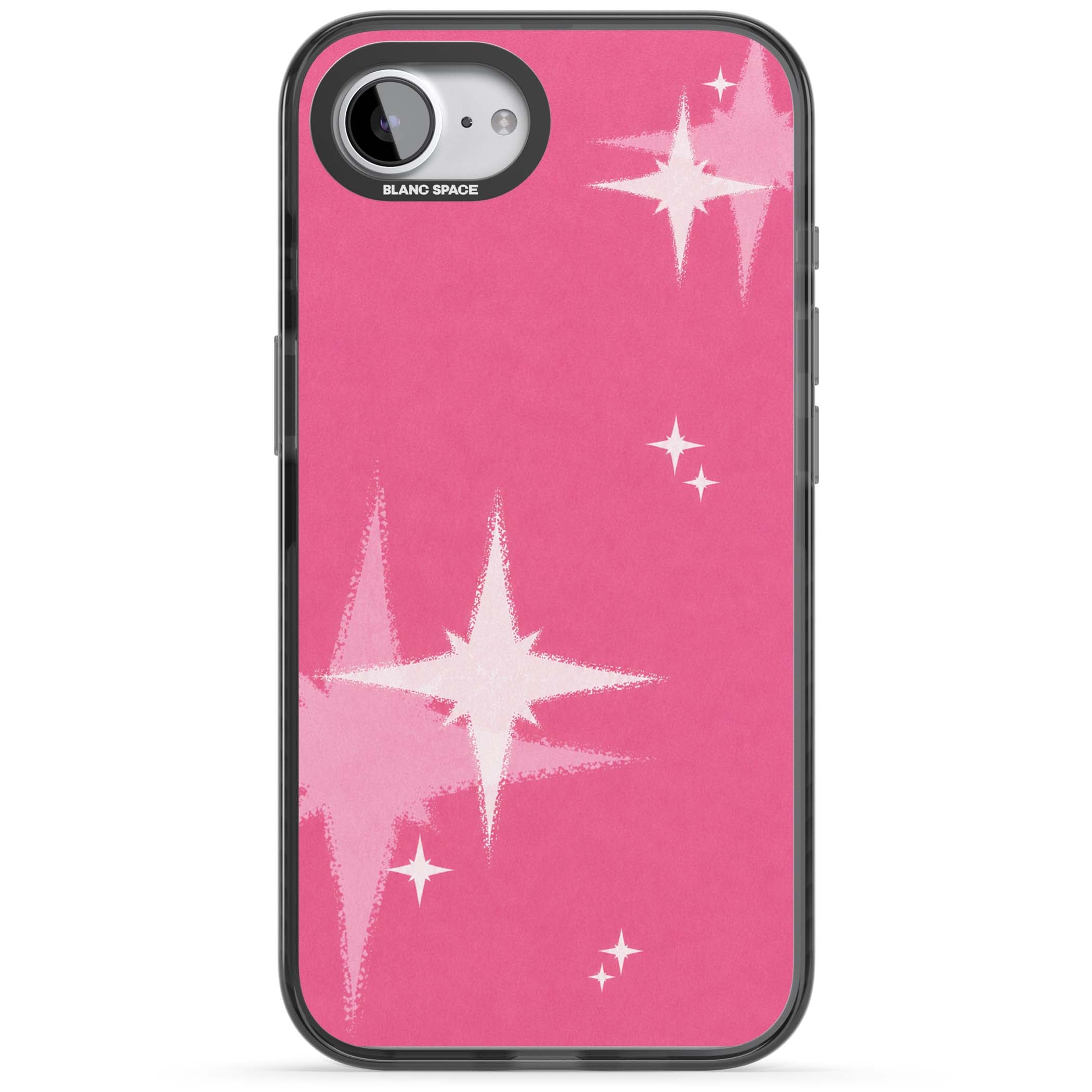 Pink Sparkle Y2K iPhone case featuring hot pink background with shimmering white starburst pattern | Black Impact case for iPhone 16e, iPhone 17e
