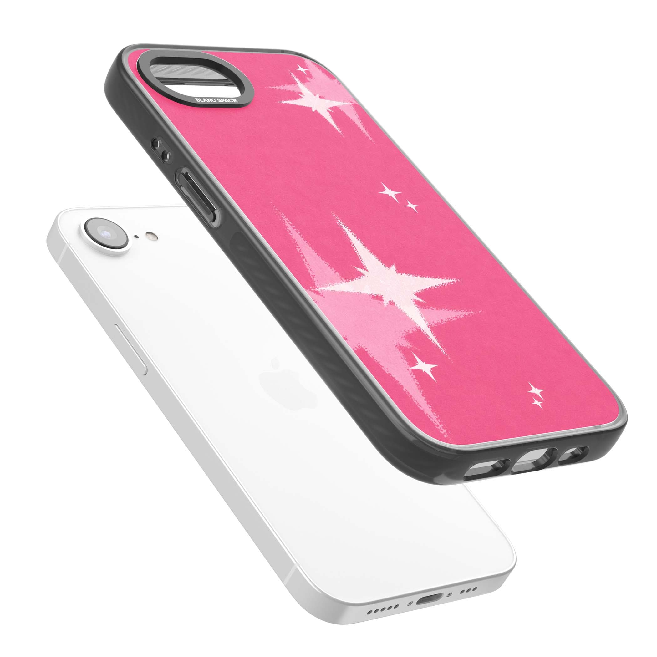 Pink Sparkle Y2K iPhone case featuring hot pink background with shimmering white starburst pattern | Black Impact case for iPhone 16e, iPhone 17e