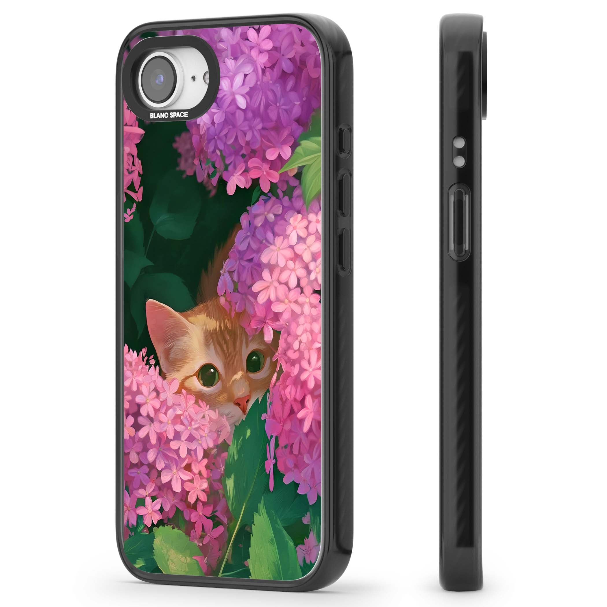 Cat In Pink Flowers cottagecore iPhone case featuring a ginger kitten peeking through lilac and pink hydrangea flo | Black Impact case for iPhone 16e, iPhone 17e