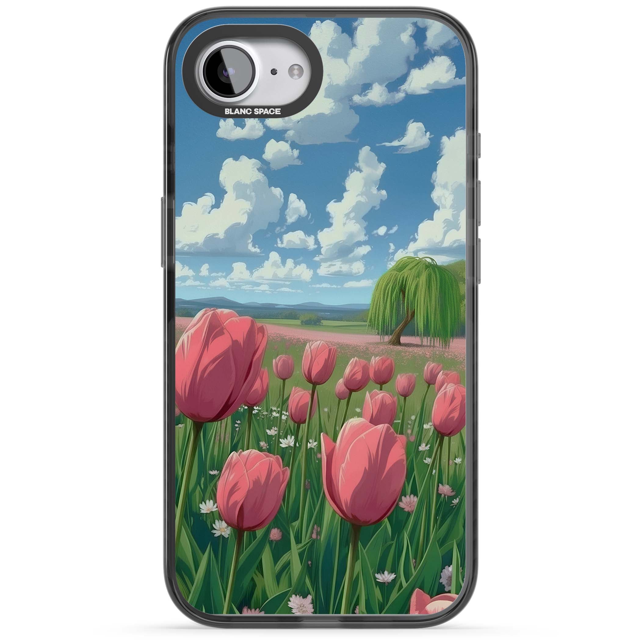 Willow By The Pink Tulips floral iPhone case | Black Impact case for iPhone 16e, iPhone 17e