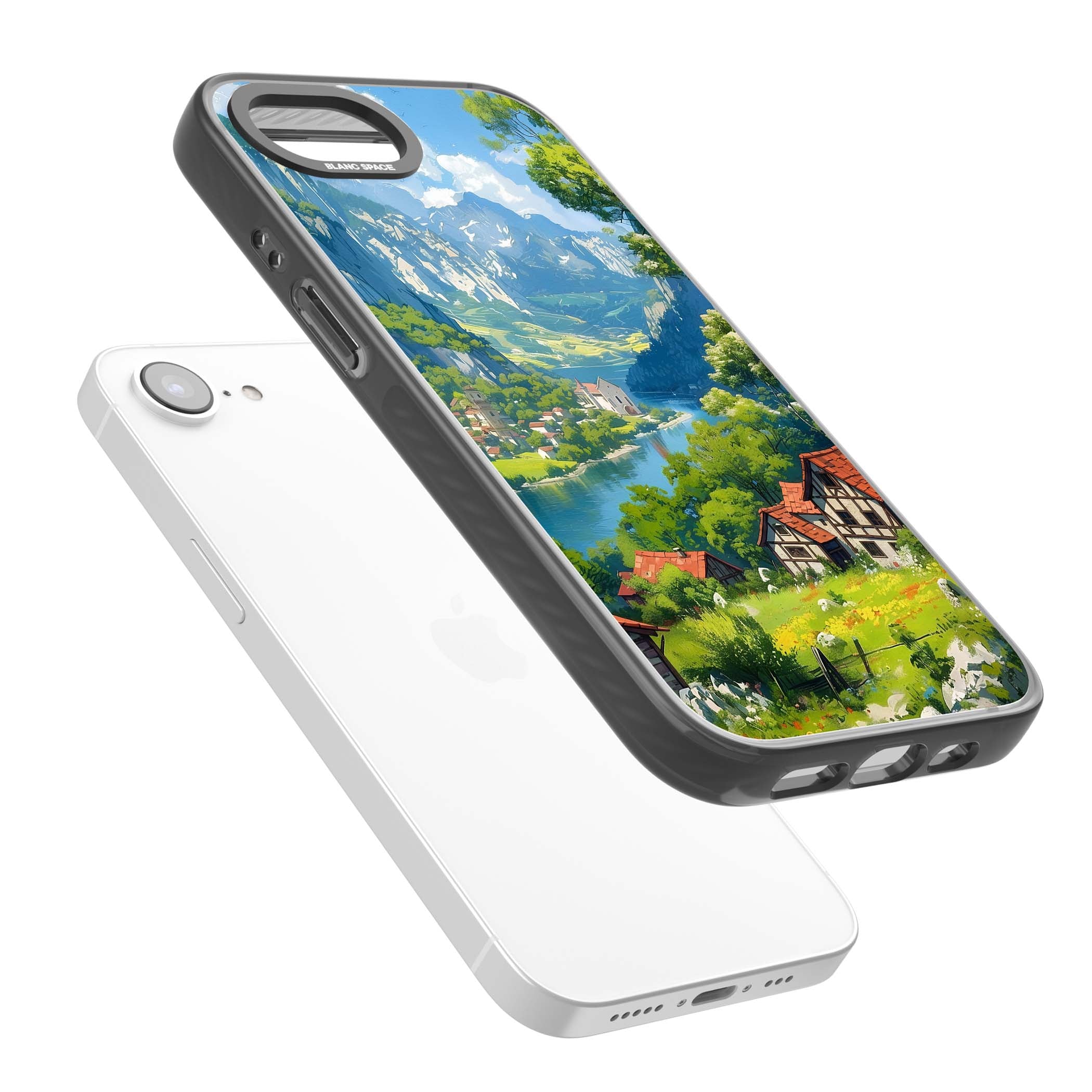 Village In The Valley anime iPhone case featuring a painted mountain village, river valley and half-timbered cottages. | Black Impact case for iPhone 16e, iPhone 17e