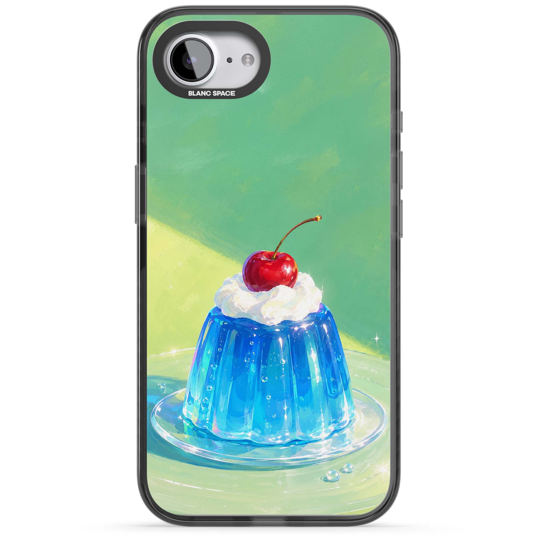 Cherry Jelly kawaii dessert iPhone case featuring blue jelly pudding, whipped cream and a red cherry | Black Impact case for iPhone 16e, iPhone 17e