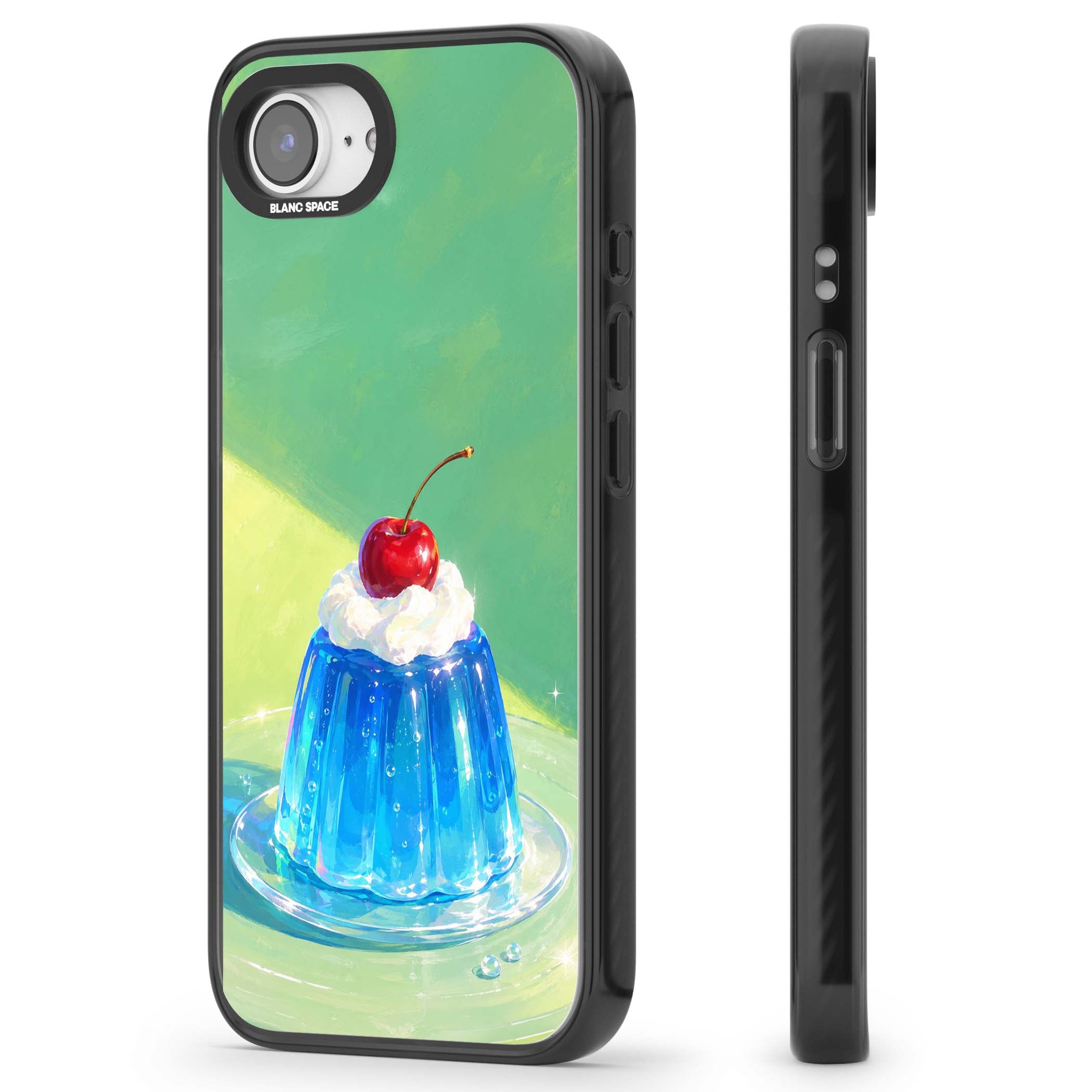 Cherry Jelly kawaii dessert iPhone case featuring blue jelly pudding, whipped cream and a red cherry | Black Impact case for iPhone 16e, iPhone 17e
