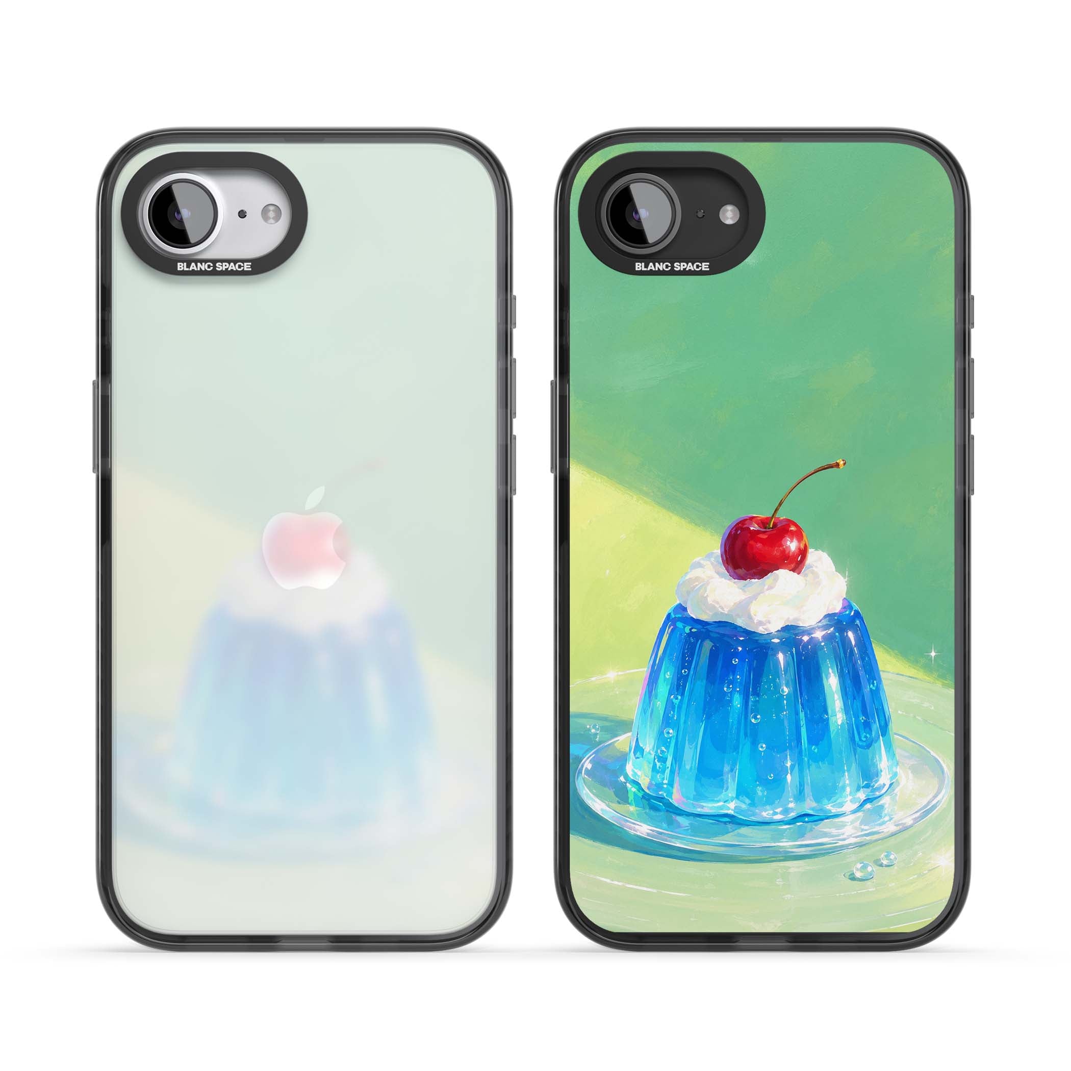 Cherry Jelly kawaii dessert iPhone case featuring blue jelly pudding, whipped cream and a red cherry | Black Impact case for iPhone 16e, iPhone 17e