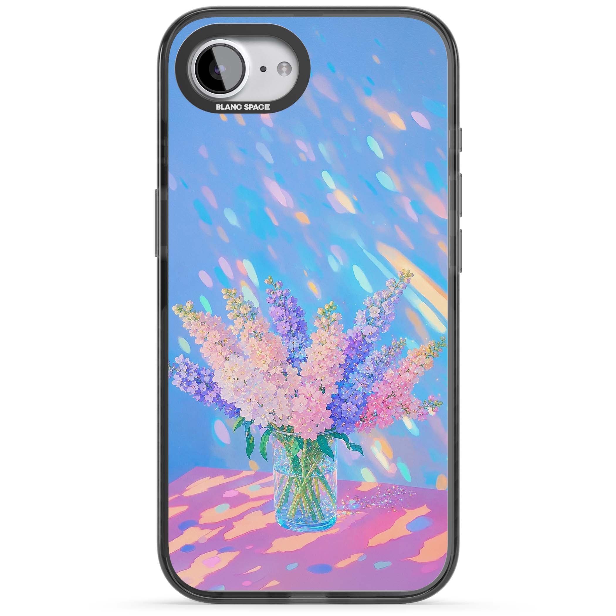 Bubblegum Flowers floral iPhone case featuring pastel lilac and pink bouquet in a glass vase with iridescent light | Black Impact case for iPhone 16e, iPhone 17e